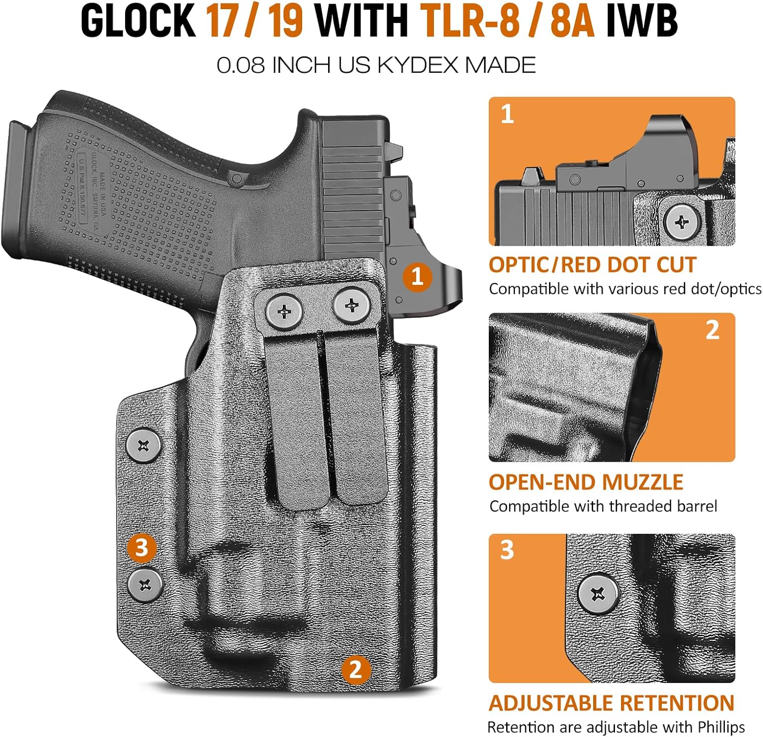 IWB Kydex Holster for Glock 19 with TLR8/ TLR8A, Fit Glock 17/19 Gen 3-5, 23/32 Gen 3-4 & 19X/ 44/45, Inside Waistband Conceal Carry, Optic Cut, Adj. Cant & Retention, Right Hand.