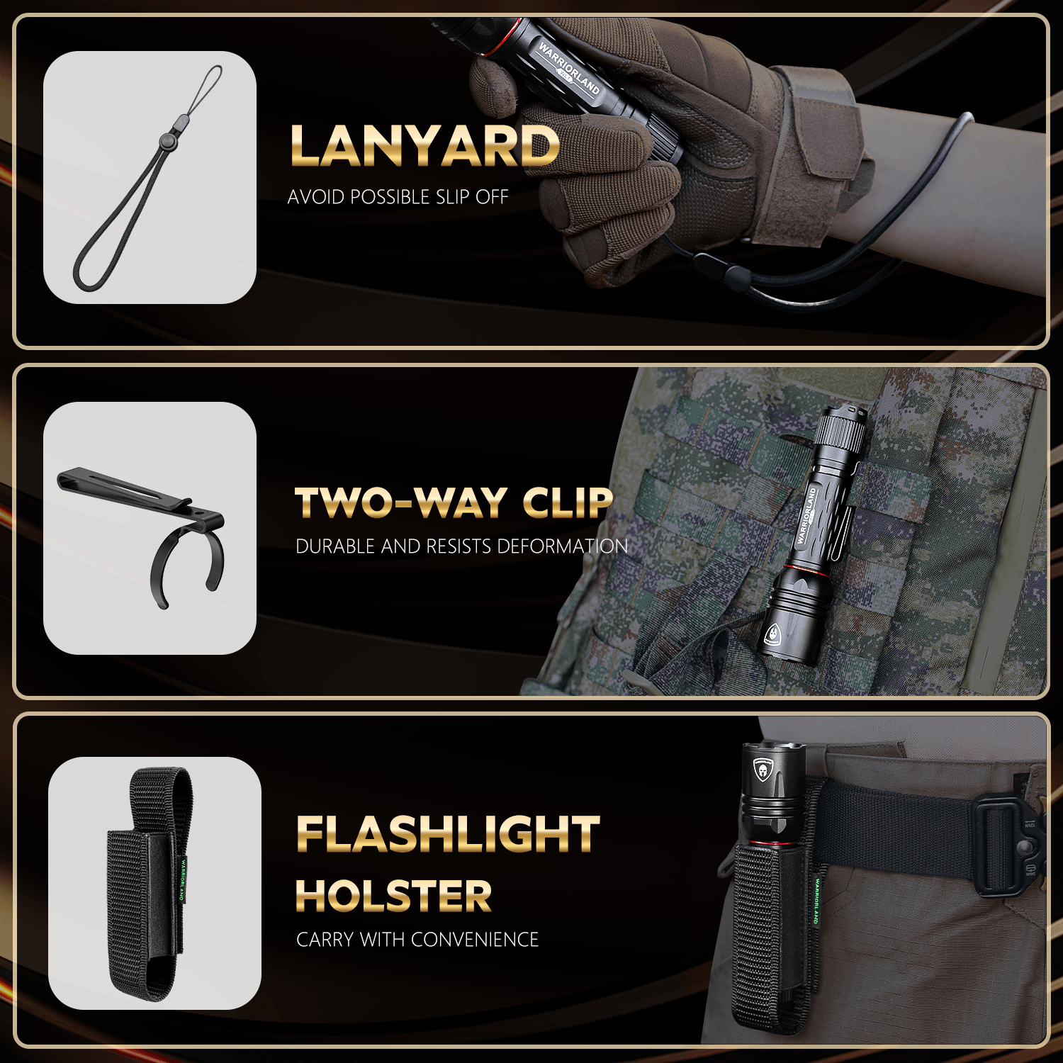 1600 Lumen Tactical Flashlight, Compact Handheld Flashlight with Max Beam Distance 473 Meters, IP68, EDC Flashlight with Rechargeable Battery, Outdoor, Camping and Emergency|WARRIORLAND WARRIORLAND