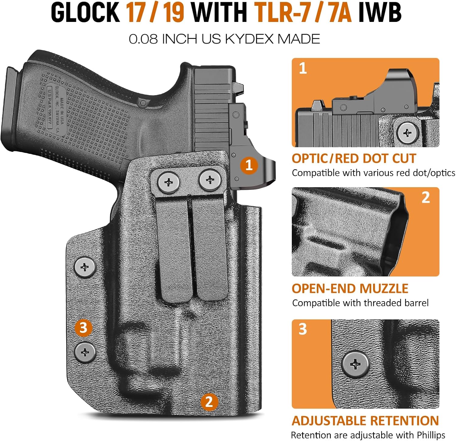 IWB Kydex Holster for Glock 19 with TLR7/ TLR7A, Fit Glock 17/19 Gen 3-5, 23/32 Gen 3-4 & 19X/ 44/45, Inside Waistband Conceal Carry, Optic Cut, Adj. Cant & Retention, Right Hand.