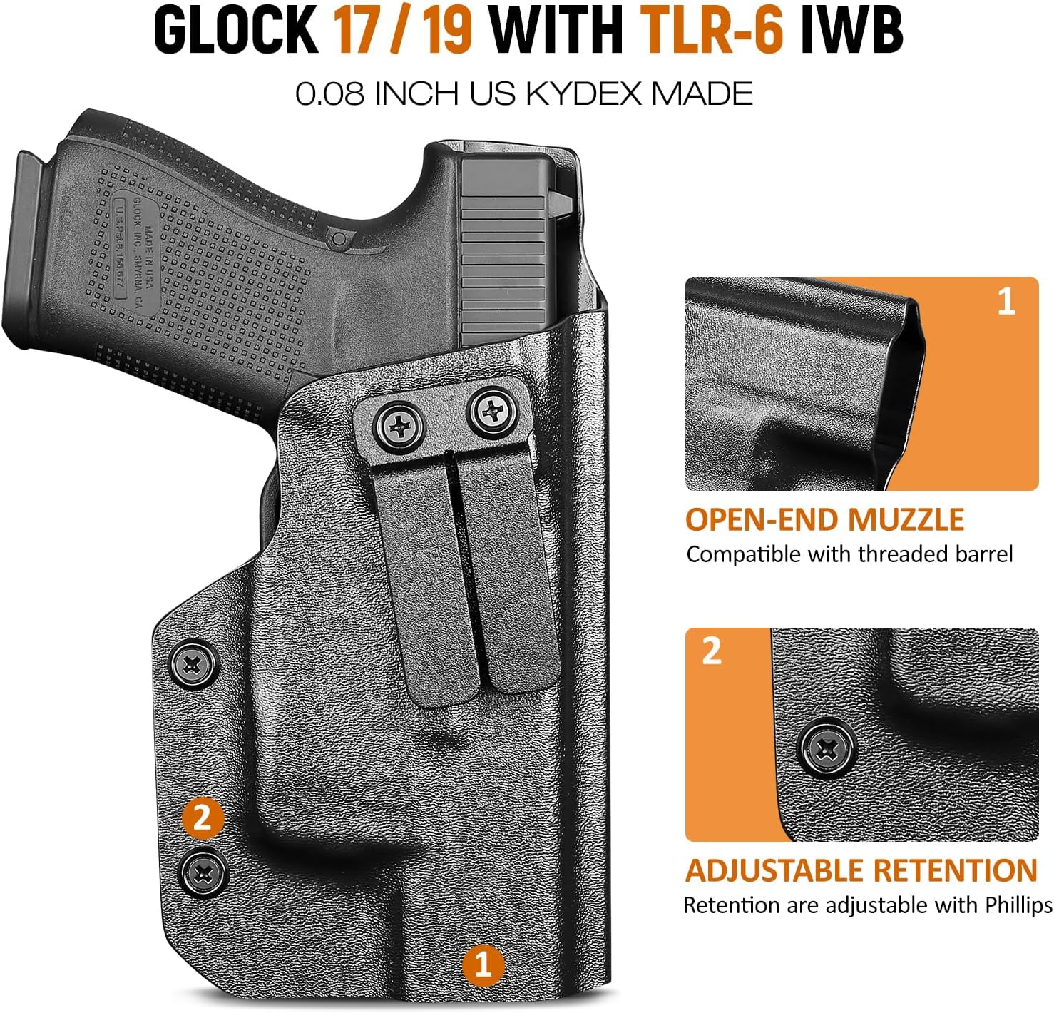 IWB Kydex Holster for Glock 19 with TLR6, Fit Glock 17/19 Gen 3-5, 23/32 Gen 3-4& 19X/ 44/45, Inside Waistband Conceal Carry, Adj. Cant & Retention, Right Hand.