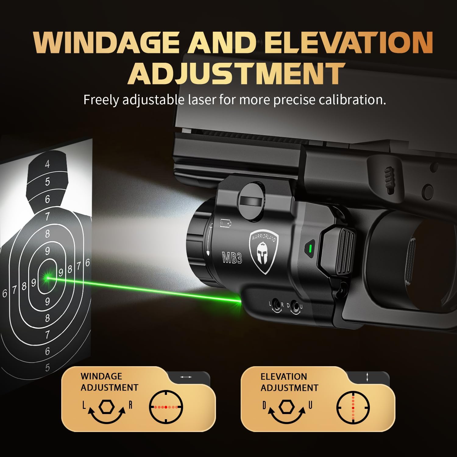 WARRIORLAND MB3 Pistol Light and Kydex Holster, Fit for S&W M&P 9 M2.0/M1.0 Compact 4.0'', Compact 500 Lumens Universal Rail Mounted Tactical Weapon Light with Green Laser & White LED, Power Indicator.