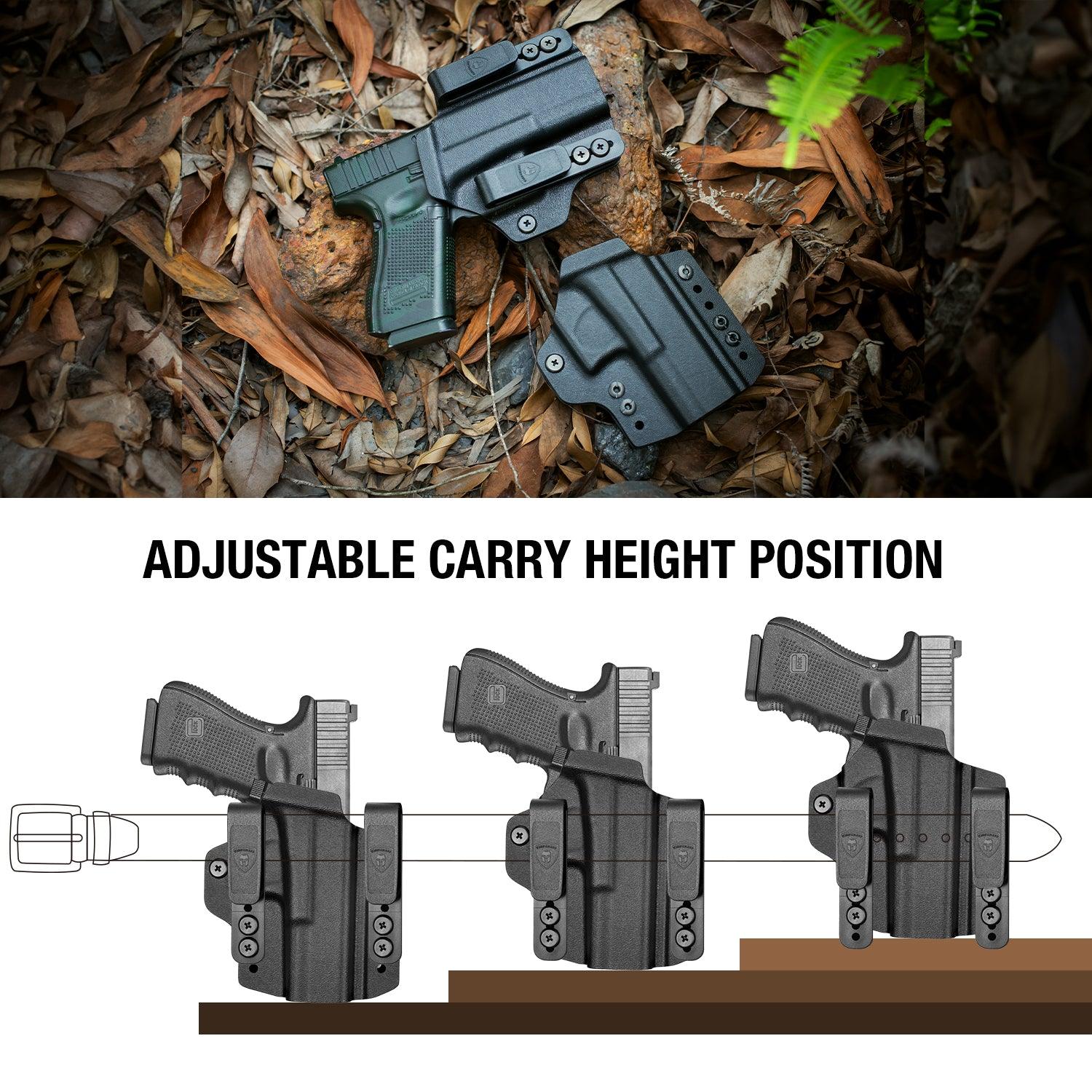 IWB & OWB Convertible Holster, Fit Glock 17/19/26/34 Gen 3-5 & Glock 23/32 Gen 3-4,G17/G19 Gen4-5 MOS ,G19/G26/G34 Gen5 MOS G19X G19 Gen4 MOS G44 G45 G45 MOS Optic Ready, Adj Ride Height,Right Hand | Warriorland WARRIORLAND