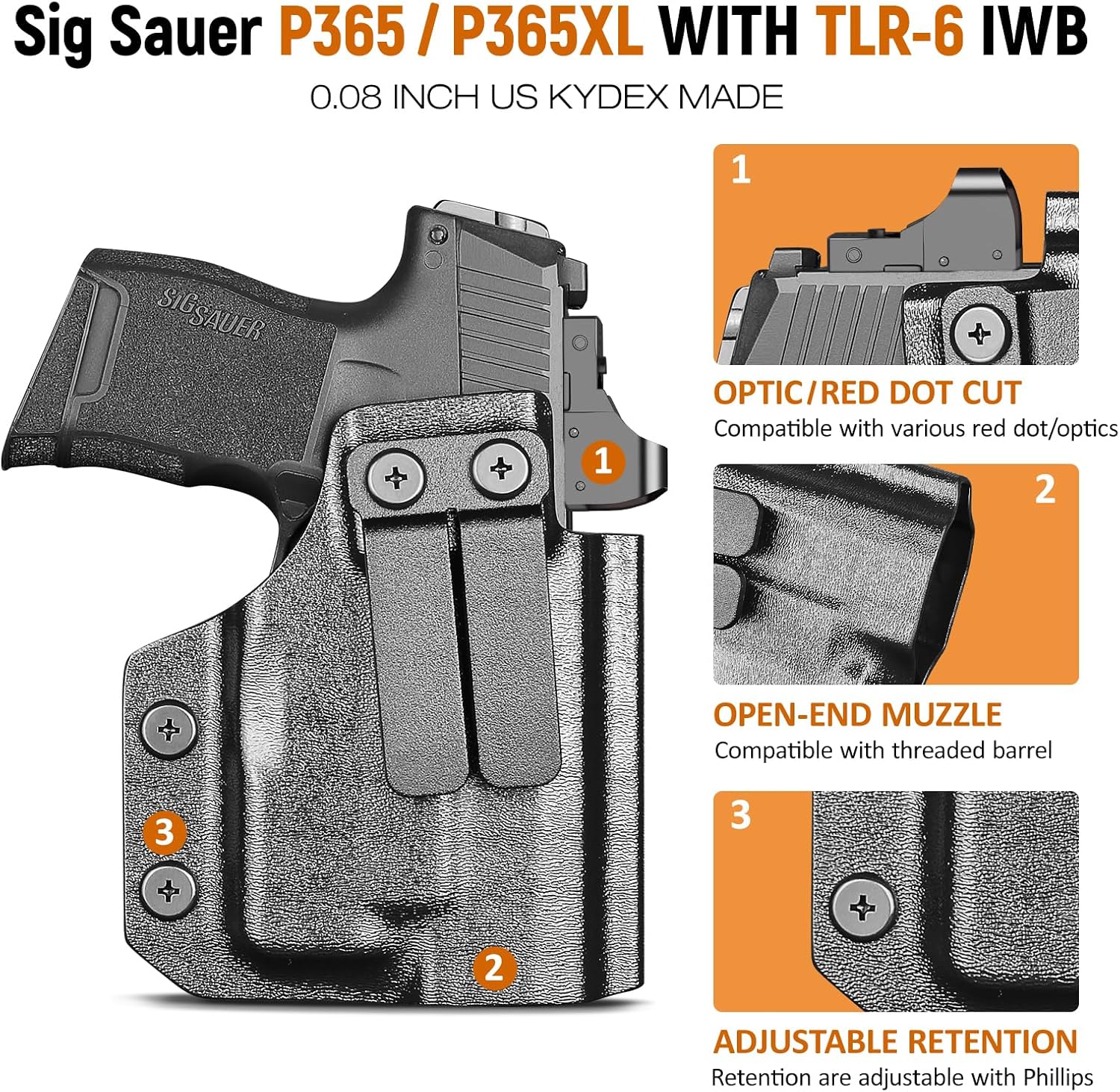 IWB Kydex Holster for P365 with TLR6, Fit Sig Sauer P365/ P365 SAS/ P365XL, Inside Waistband Conceal Carry, Optic Cut, Adj. Cant & Retention, Right Hand.