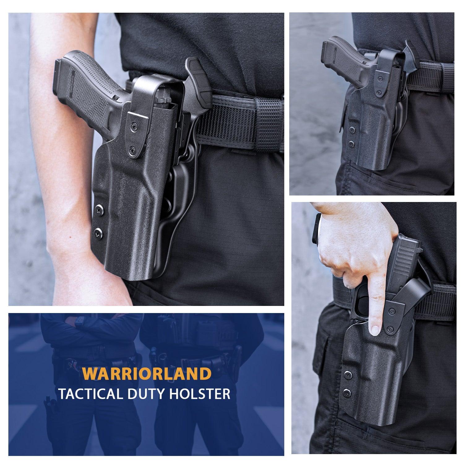 Glock 17 Holster Level II Retention w/Hook Guard & Rotating Hood: Glock G17/G19/G34 Gen3-5 G19X G23/G22/G31/G32 Gen3-4 G44 G45, 2.25 Inch Outside Waistband Holster G17, Adj. Retention & Ride Height, Right|WARRIORLAND WARRIORLAND
