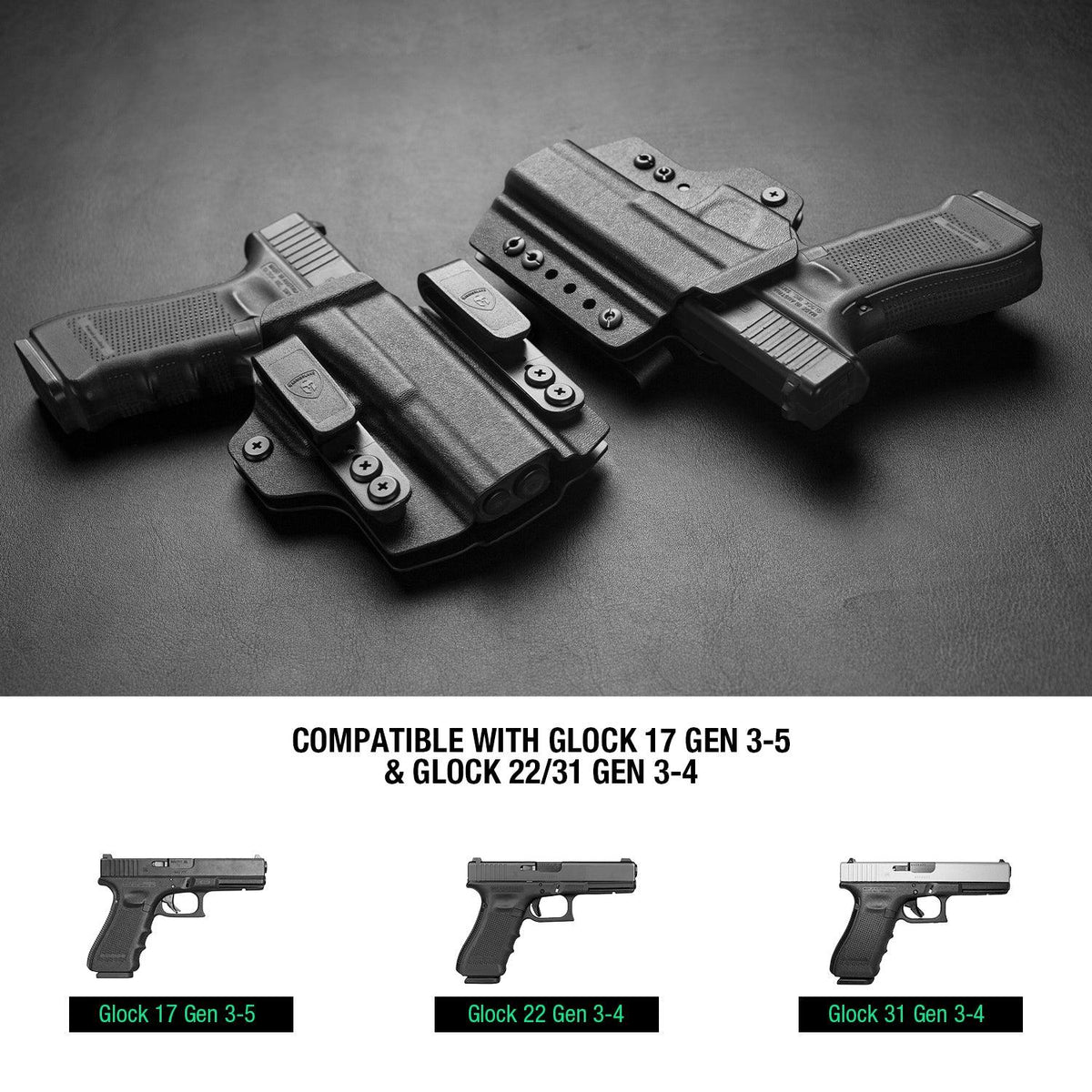Glock 17 Gen 3-5 & Glock 22/31 Gen 3-4 IWB & OWB Convertible Holster Holsters, Optic Ready, Adj Ride Height,Right Hand | Warriorland WARRIORLAND