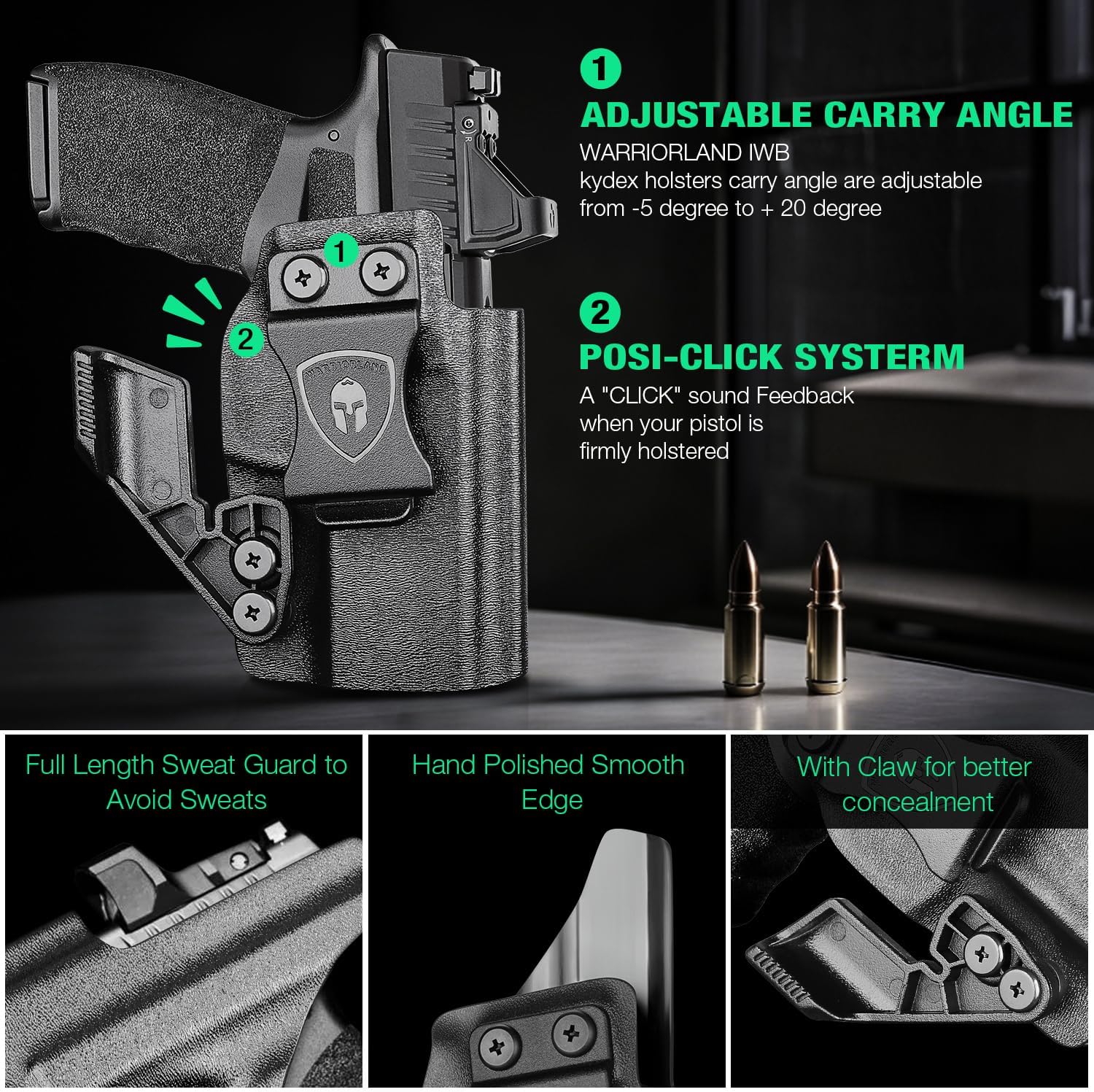 WARRIORLAND IWB Kydex Holster Optic Cut & Claw Compatible with Springfield Hellcat Pro, Inside Waistband Conceal Carry, Adj. Cant and Retention, Right Hand.