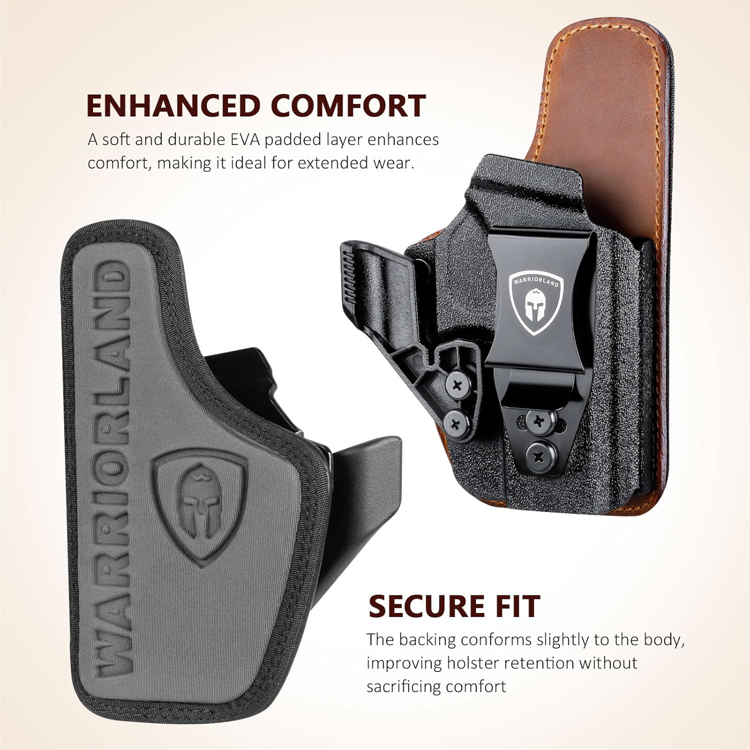 WARRIORLAND IWB Hybrid Holster Compatible with Glock 17/ 19 Gen 3-5 & 23/ 32 Gen 3-4 & G19X 44 45 & their MOS version, Concealed Carry Polymer & Leather Holster with Claw/Optics Cut Ready, Right Hand(Brown).