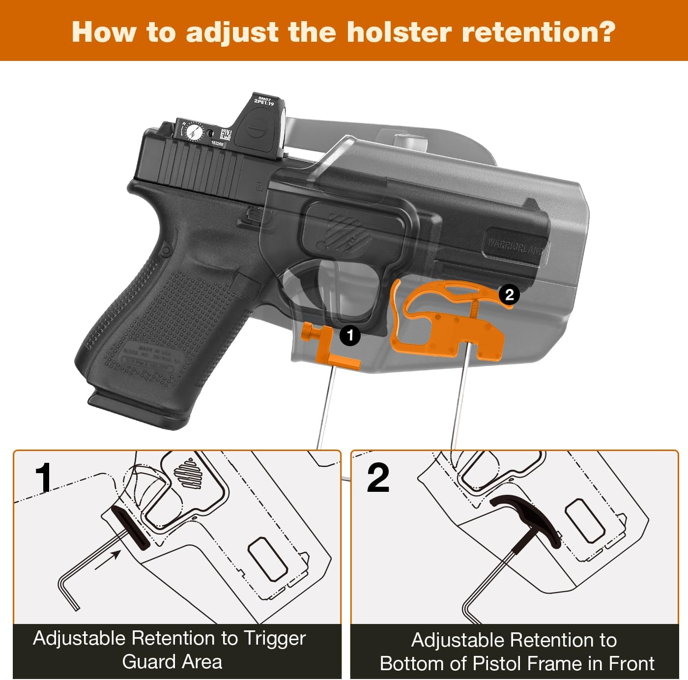WARRIORLAND Universal OWB Gun Holster w/Optic Cut Ready – Fits Most Popular Compact to Full Size Handguns with 4”–5.3” Barrel – Level II Retention, 360° Adjustable Paddle for 1.5-2.0" Belt, Right Hand