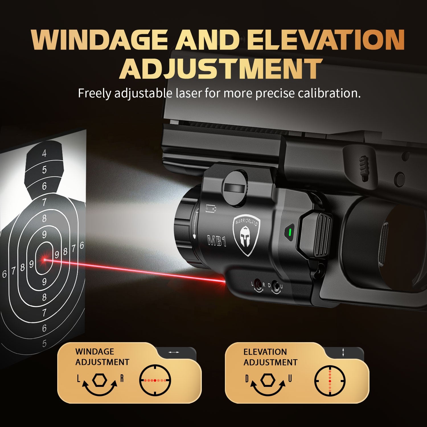 WARRIORLAND MB1 500 Lumens Pistol Light with Red Laser White LED Combo, Compact Weapon Light with Universal Rails fit for G17 G19 P365 1911 and Other 60+ Models, Tactical Light with Battery Indicator WARRIORLAND