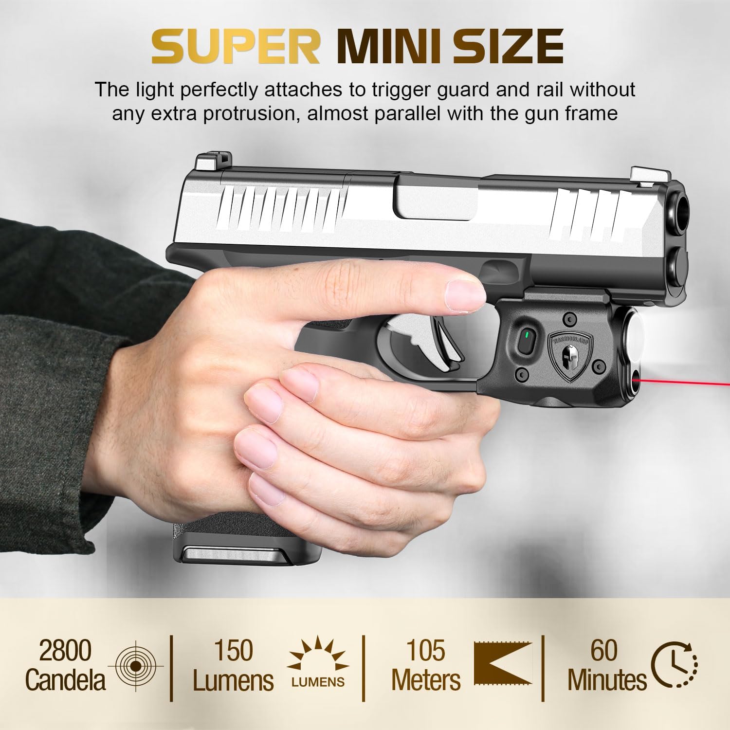 WARRIORLAND SLL-110 Pistol Light Laser – Fits Springfield Hellcat Pro | 150-Lumen Trigger Mounted Tactical Light with Red Laser, White LED, Power Indicator & 3 Modes (Strobe/Constant/Laser Only).