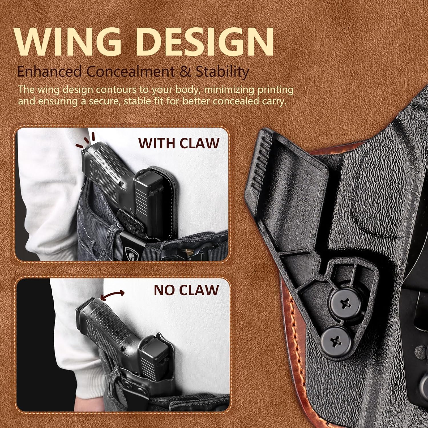 WARRIORLAND IWB Hybrid Holster Compatible with Glock 17/ 19 Gen 3-5 & 23/ 32 Gen 3-4 & G19X 44 45 & their MOS version, Concealed Carry Polymer & Leather Holster with Claw/Optics Cut Ready, Right Hand(Brown).