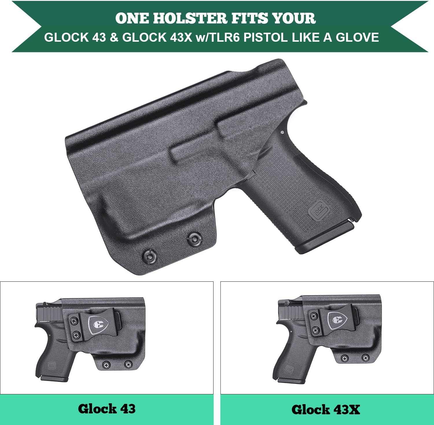 WARRIORLAND IWB Kydex Holster Fit Glock 43/43X with TLR-6 /TLR-6 HL - Not Fit MOS, Inside Waistband Holster, Adj. Cant & Retention, Right/Left Hand Option.