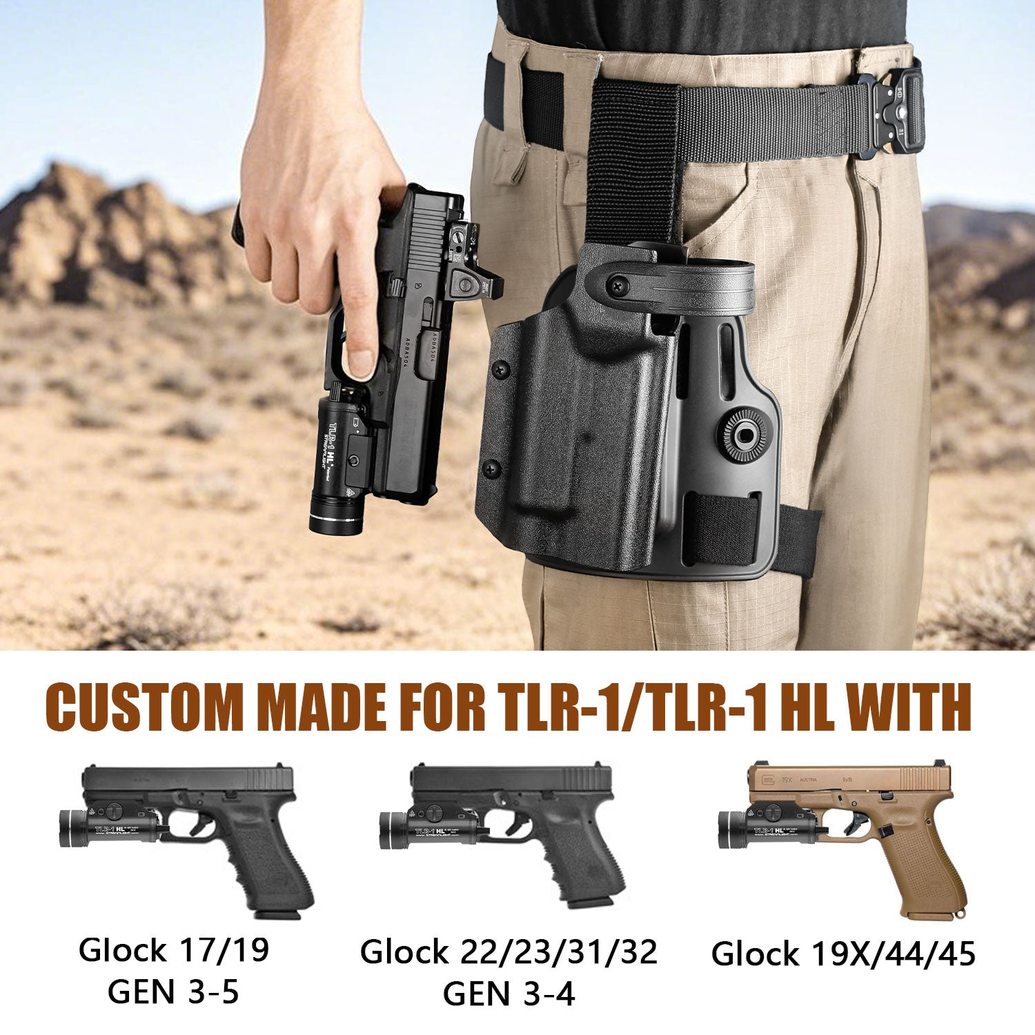 WARRIORLAND Drop Leg Platform for Glock 17/19 (Gen3-5), Glock 22/23/31/32 (Gen3-4), Glock 19X/44/45 w/TLR-1- Level 2 Holster + Mag Holes - Adjustable (No Mag Pouches) Red dot compatible
