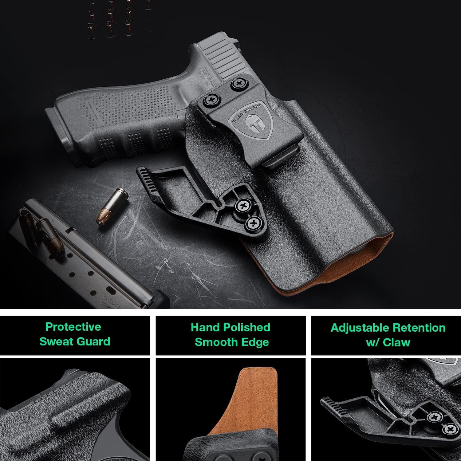 Glock G19 Gen3-5  G19X  G23 Gen3-4  G26 Gen3-5   G32 Gen3-4  G44  G45 IWB Kydex Leather Lined Holsters with Optics Cut & Claw, Right Hand WARRIORLAND