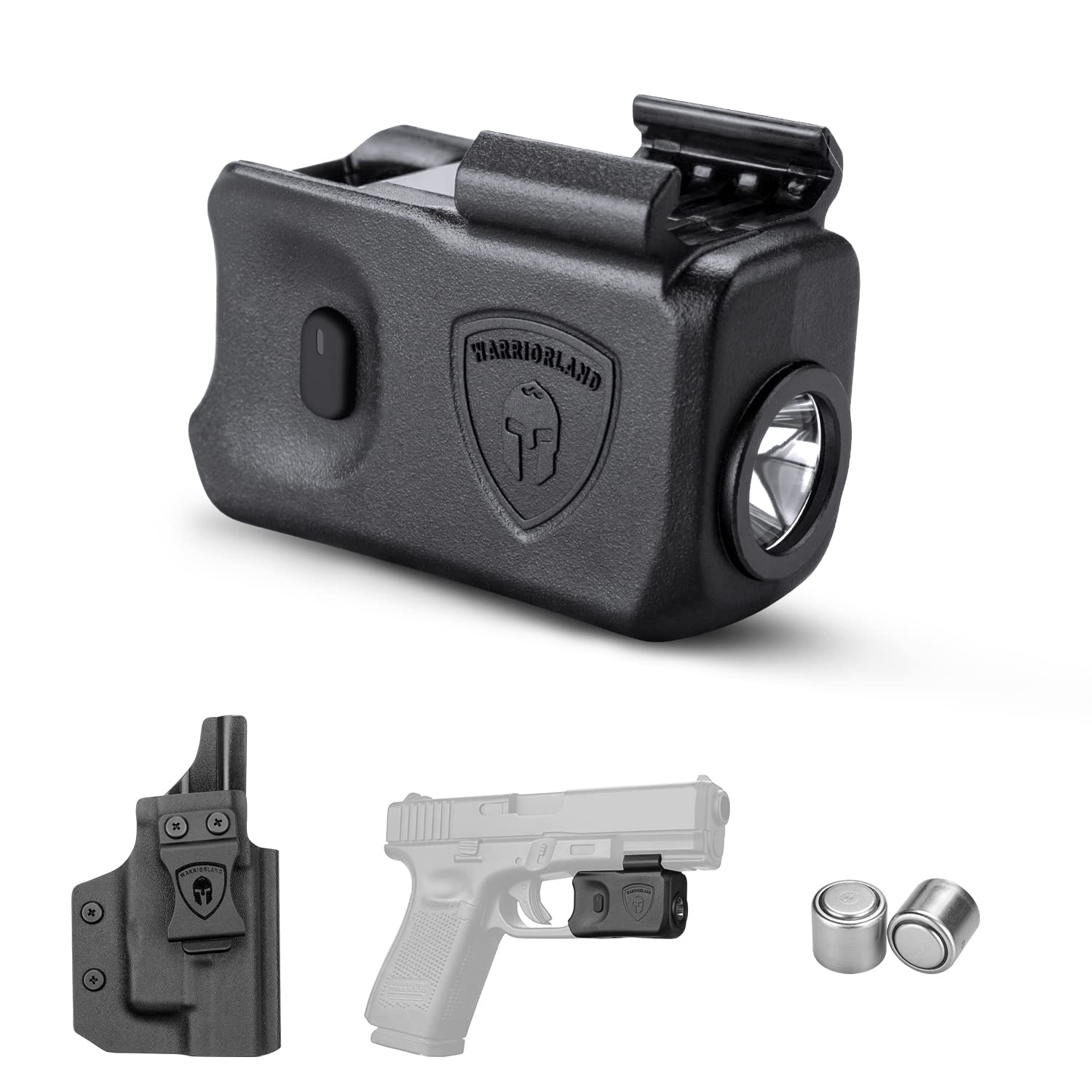 WARRIORLAND Mini Pistol Light with Kydex Holster Tailored Made Compatible with Glock 17/19/21/22 Gen 3 4 5 & G23/32 Gen 4 Pistol, 150 Lumen Glock Railed Handgun Light, LED Tactical Flashlight SL-1 WARRIORLAND