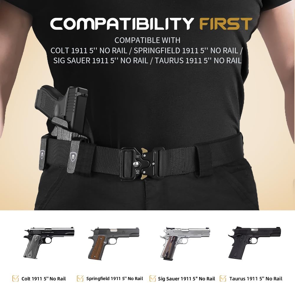 WARRIORLAND IWB Hybrid Kydex&Nylon Gun Holster for Colt 1911 Holster,Fits 1911 5'' No Rail Optics Cut Pistol Holster,Concealed Carry Holster for Men/Wome,Right Hand WARRIORLAND