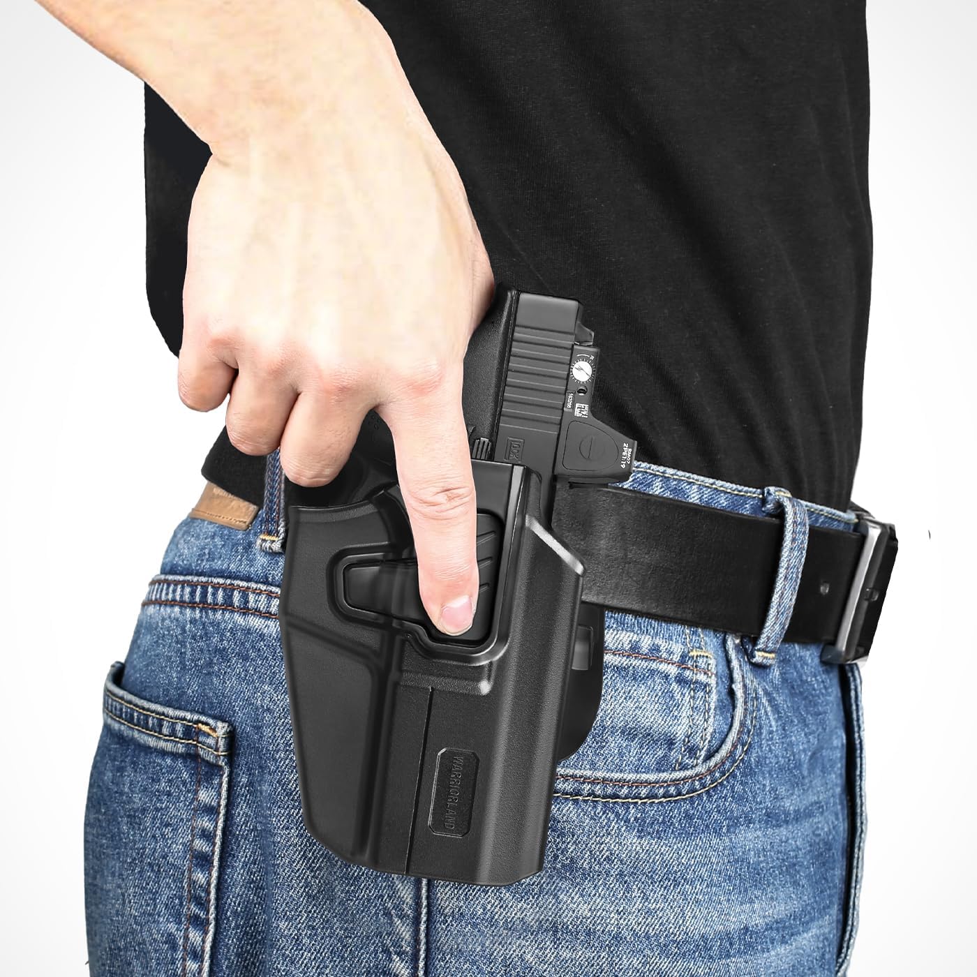 WARRIORLAND Universal OWB Gun Holster w/Optic Cut Ready – Fits Most Popular Compact to Full Size Handguns with 4”–5.3” Barrel – Level II Retention, 360° Adjustable Paddle for 1.5-2.0" Belt, Right Hand