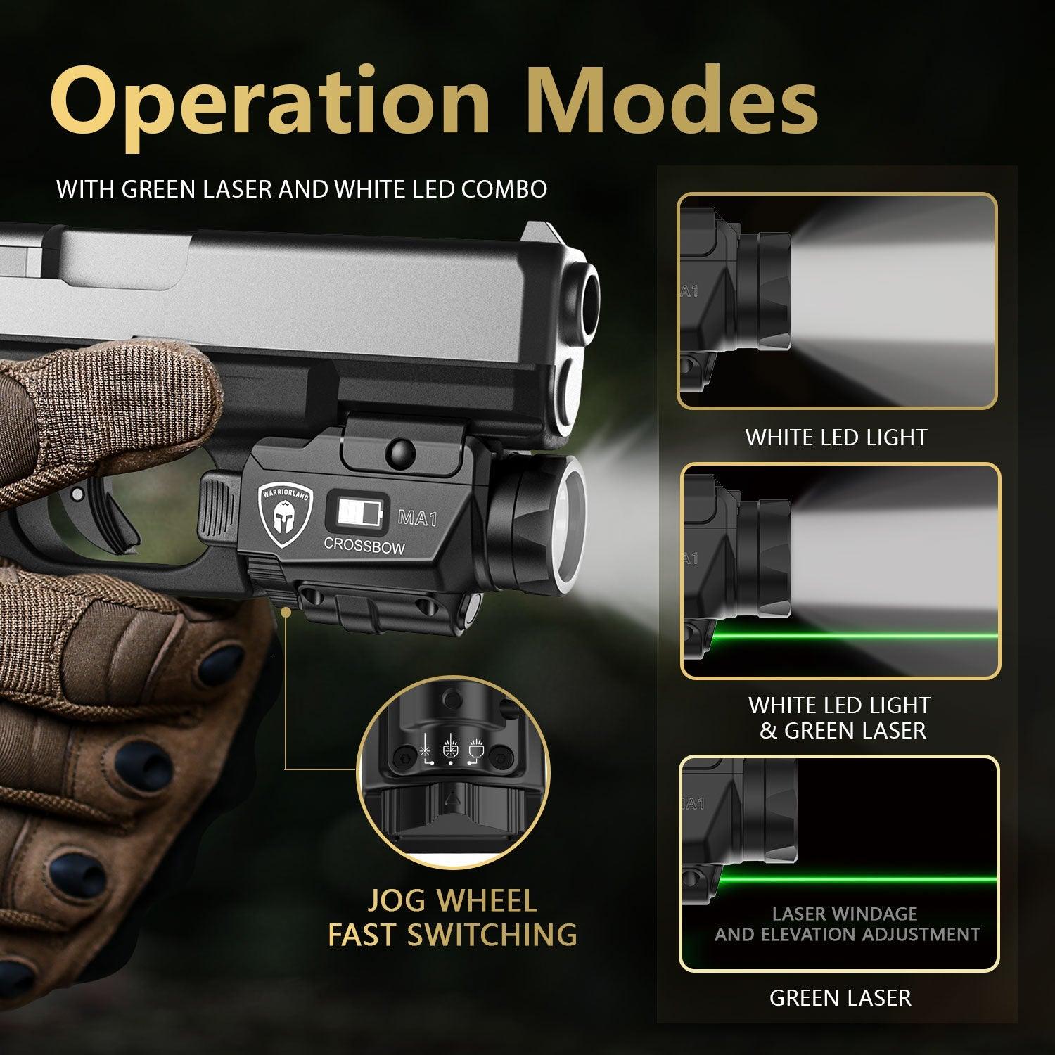 Universal Light Laser Combo with Glock 17/19 KYDEX Right/Left Hand Holster, Green Laser & White LED Tactical Light, Magnetic USB Rechargeable Flashlight-Screen Displays Battery Status, Crossbow MA1|WARRIORLAND WARRIORLAND