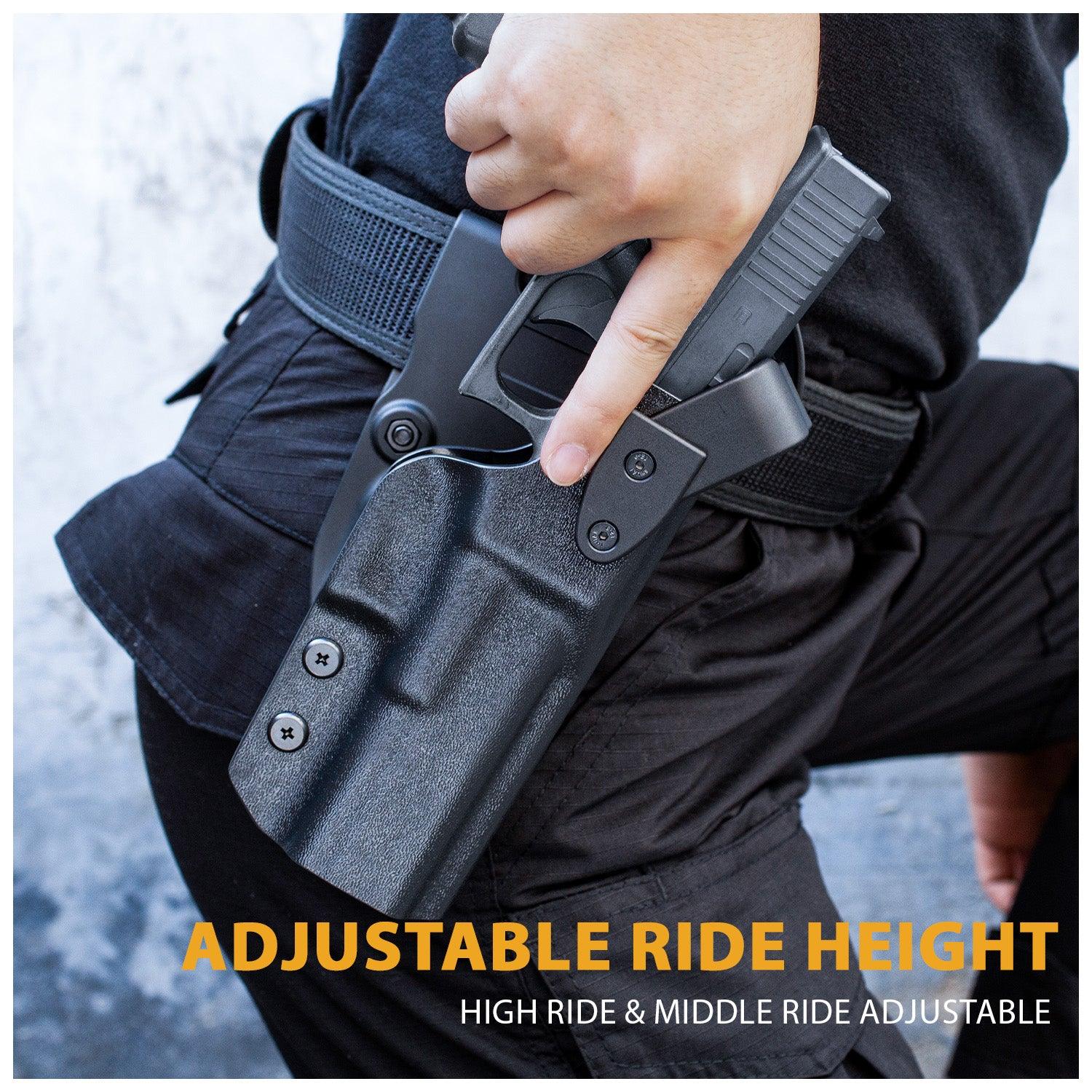 Glock 17 Holster Level II Retention w/Hook Guard & Rotating Hood: Glock G17/G19/G34 Gen3-5 G19X G23/G22/G31/G32 Gen3-4 G44 G45, 2.25 Inch Outside Waistband Holster G17, Adj. Retention & Ride Height, Right|WARRIORLAND WARRIORLAND