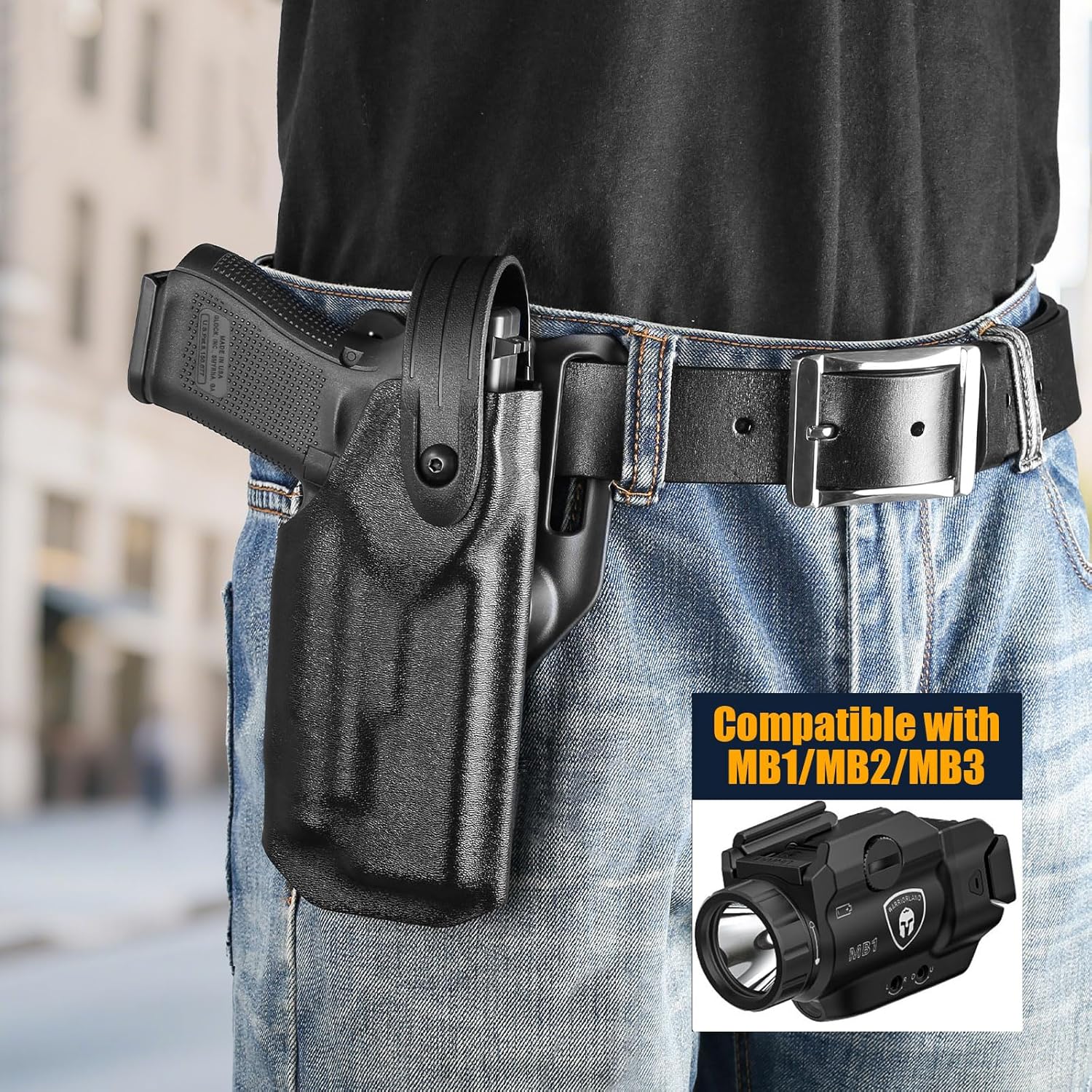 WARRIORLAND OWB Kydex Holster light bearing holster for Glock 17/19 Gen 3-5 - Thumb Release - Level II Retention - MB1/MB2/MB3 Compatible - Right Hand.