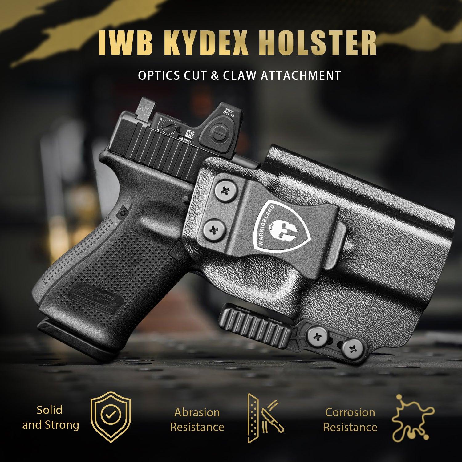 IWB Kydex Holster with Claw and Optic Cut: Glock 17/19/26/34 Gen3-5、Glock 17/19 Gen 4-5 MOS、Glock 23/32 Gen3-4,G19X G26 Gen5 MOS G34 Gen5 MOS G44 G45 G45 MOS Inside Waistband Appendix Carry G19 Holster, Adj. Cant & Retention, Right Hand|WARRIORLAND WARRIORLAND