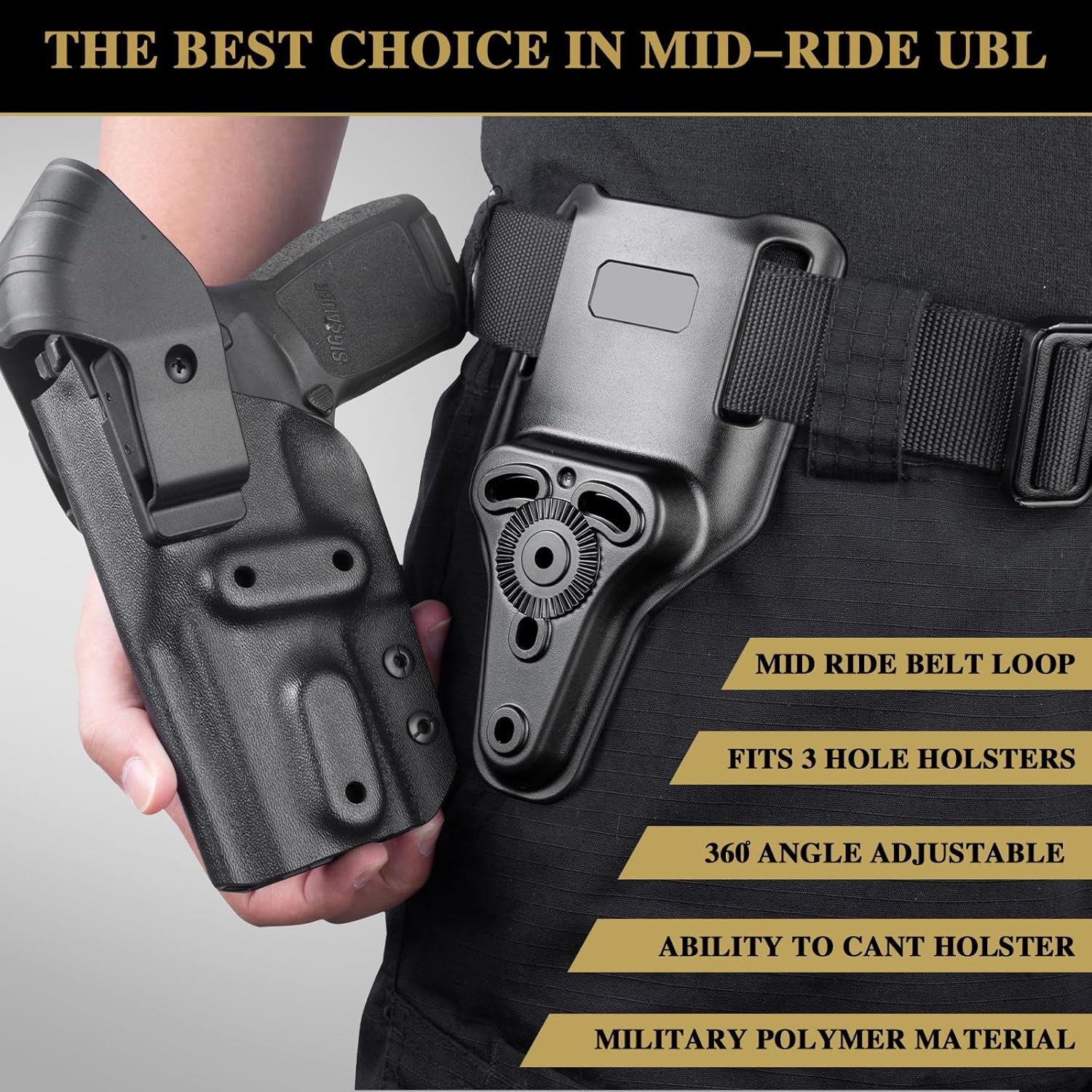 WARRIORLAND Universal Mid-Ride Belt Loop Adapter (CUBL) – 1.75” Duty Belt Fit, Adjustable 3-Hole Holster & 360° Gearwheel Compatibility