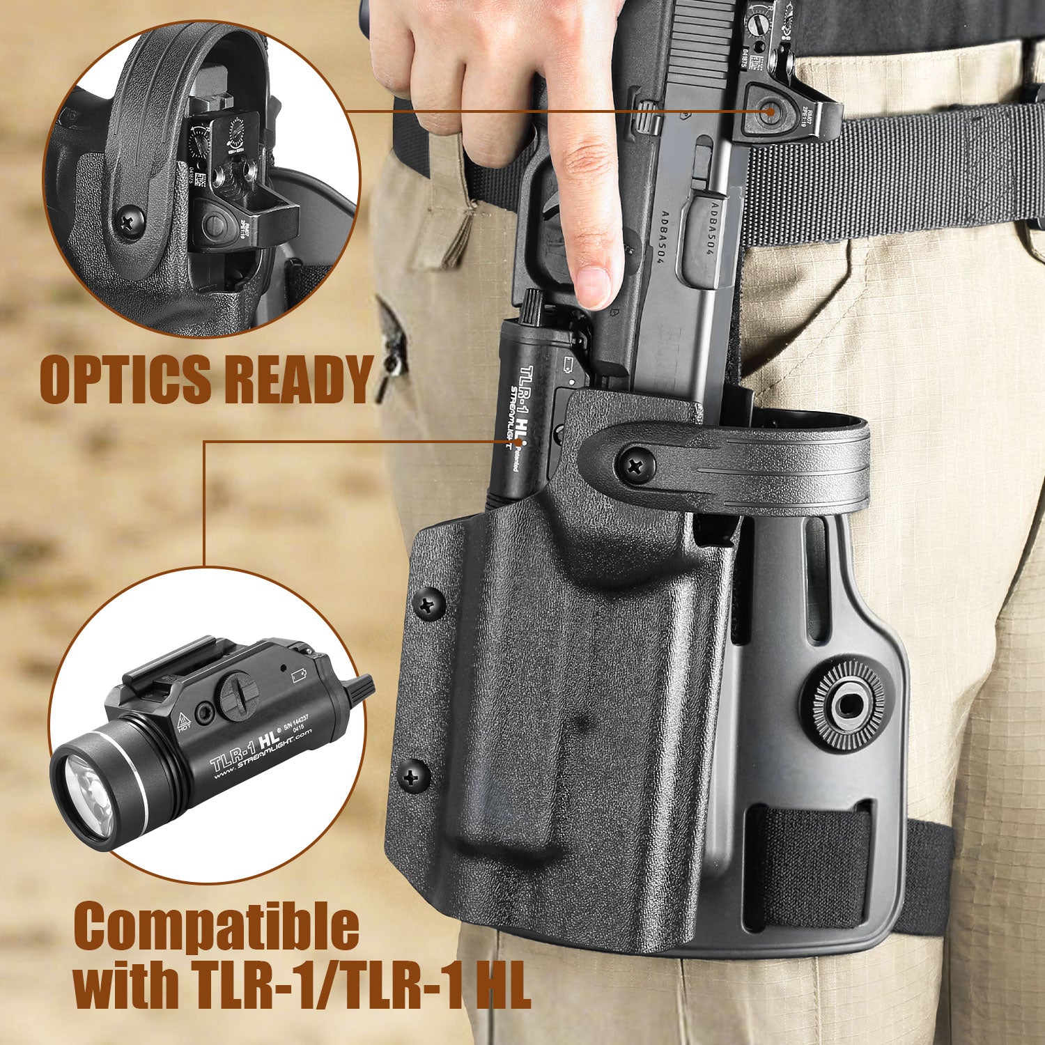 WARRIORLAND Drop Leg Platform for Glock 17/19 (Gen3-5), Glock 22/23/31/32 (Gen3-4), Glock 19X/44/45 w/TLR-1- Level 2 Holster + Mag Holes - Adjustable (No Mag Pouches) Red dot compatible