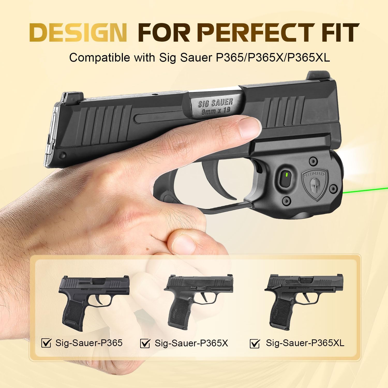 WARRIORLAND Pistol Light Laser Combo Fits Sig Sauer P365/ P365X/ P365XL, Compact 150-Lumen Trigger Mounted Tactical Weapon Light with Green Laser & White LED Flashlight, with Power Indicator, SLL-103G WARRIORLAND
