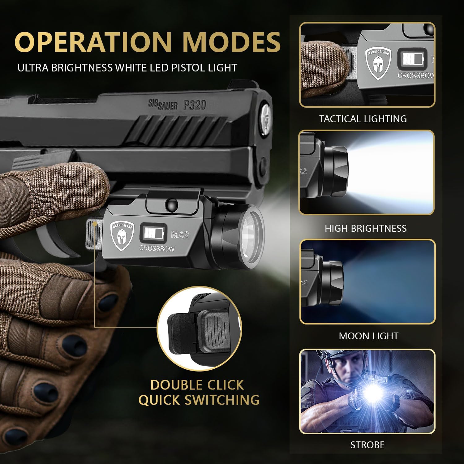 WARRIORLAND Crossbow MA2 Universal Rail Mounted 800 Lumens Pistol Light with P320 Compact M18 IWB Kydex Holster Combo, Magnetic USB Charging Tactical Light with Screen Displays Battery Status WARRIORLAND