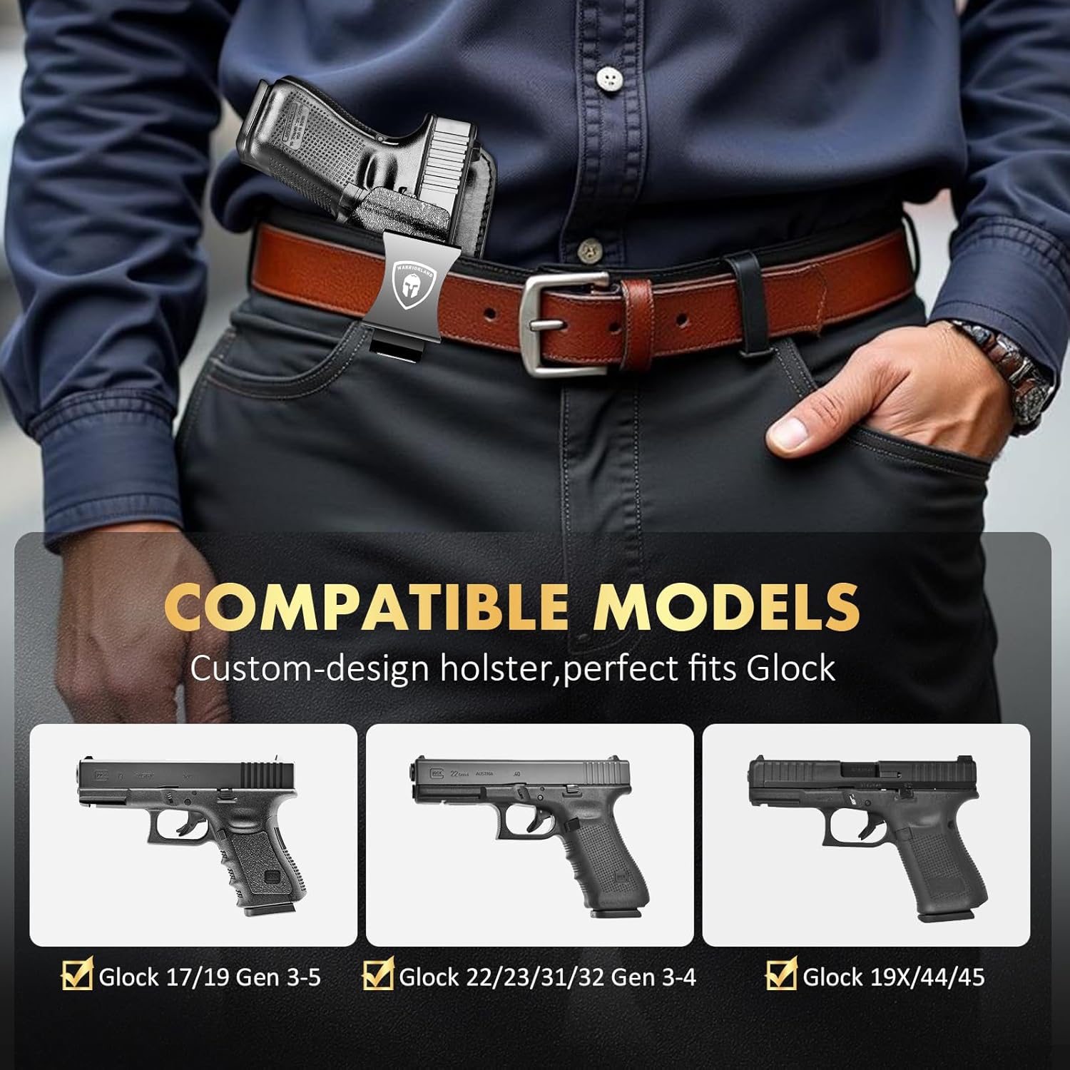 WARRIORLAND IWB Hybrid Holster Compatible with Glock 17/ 19 Gen 3-5 & 23/ 32 Gen 3-4 & G19X 44 45 & their MOS version, Concealed Carry Polymer & Leather Holster with Claw/Optics Cut Ready, Right Hand WARRIORLAND