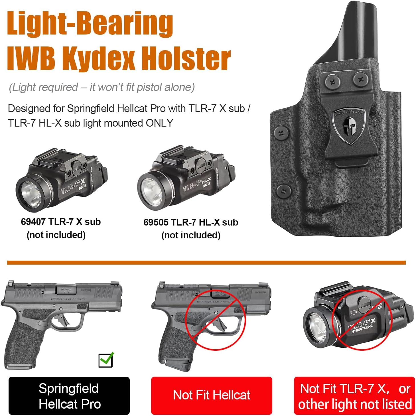WARRIORLAND IWB Kydex Holster for Hellcat Pro OSP with TLR-7 X Sub or TLR-7 HL-X Sub, Light-Bearing Design, Optics Cut, Adjustable Cant & Posi-Click Retention, Right Hand Draw WARRIORLAND