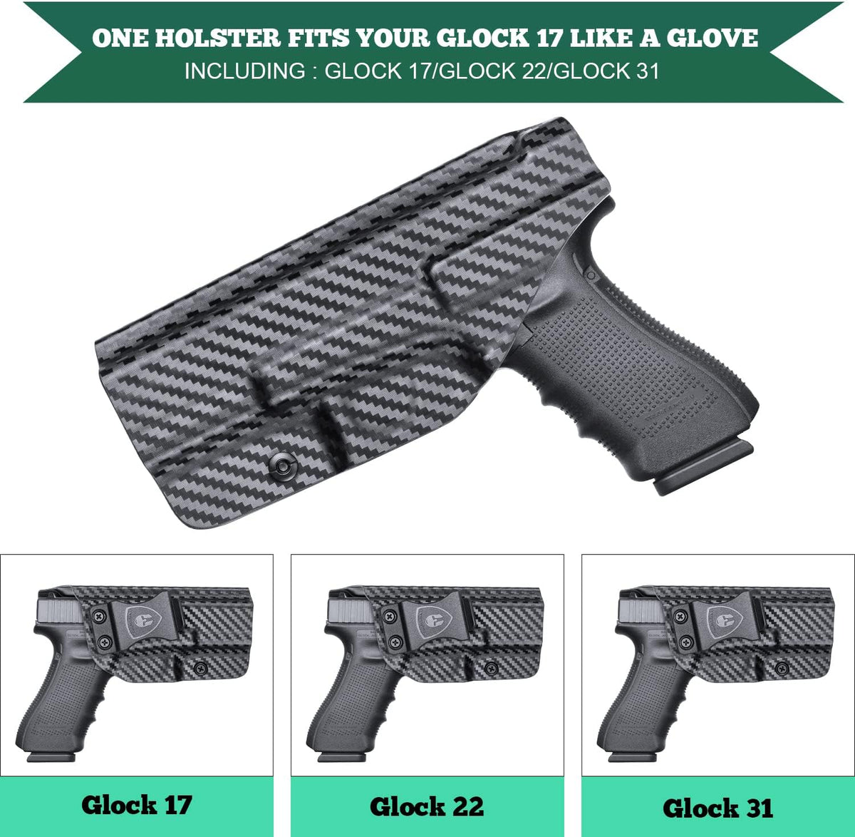 WARRIORLAND Compatible with Glock 17 Holster, IWB Kydex Holster Fit Glock 17/19/26 Gen3-5、Glock 17/19 Gen 4-5 MOS、Glock 34, Inside Waistband Concealed Carry, Adj. Cant & 'Posi-Click' Retention WARRIORLAND