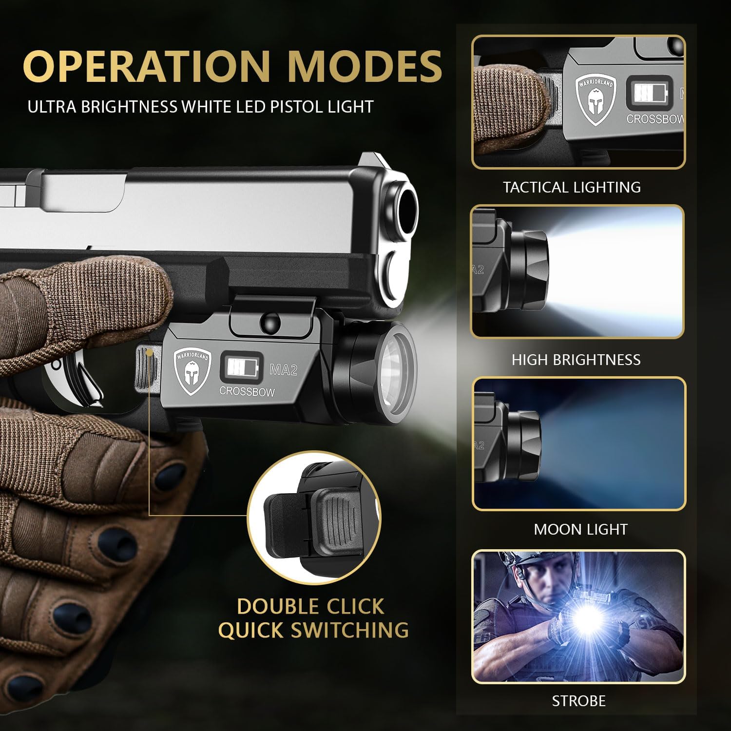 WARRIORLAND MA2 Universal Rail Mounted 800 Lumens Pistol Light with Glock 17/19 OWB Kydex Holster Combo, Magnetic USB Charging Tactical Light with Screen Displays Battery Status WARRIORLAND