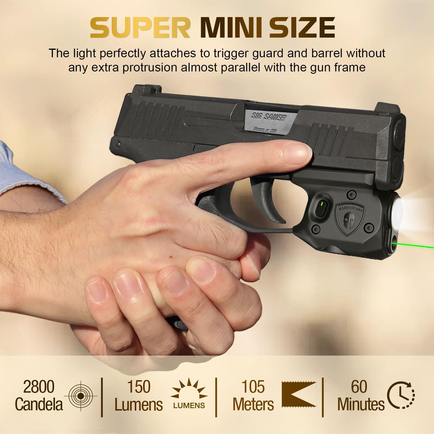 WARRIORLAND Pistol Light Laser Combo Fits Sig Sauer P365/ P365X/ P365XL, Compact 150-Lumen Trigger Mounted Tactical Weapon Light with Green Laser & White LED Flashlight, with Power Indicator, SLL-103G WARRIORLAND