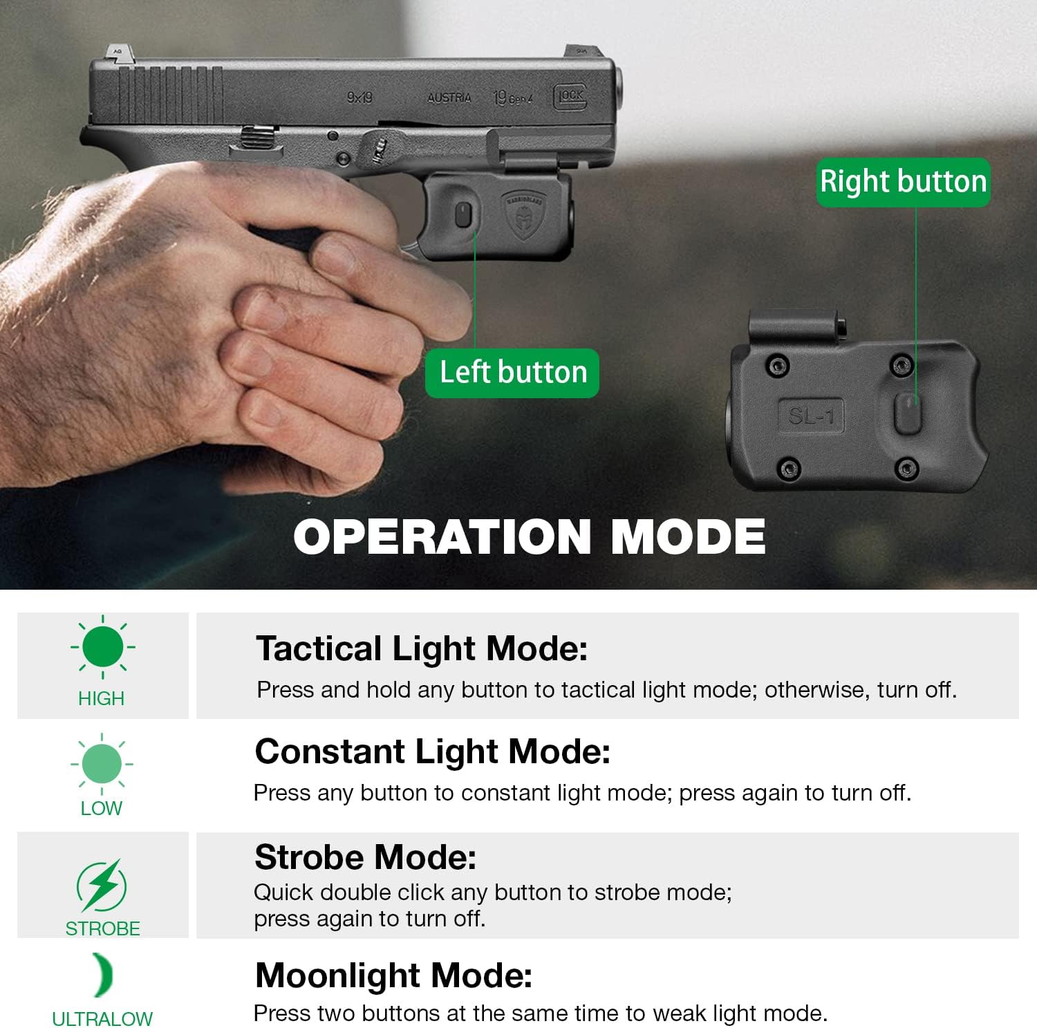 WARRIORLAND Mini Pistol Light with Kydex Holster Tailored Made Compatible with Glock 17/19/21/22 Gen 3 4 5 & G23/32 Gen 4 Pistol, 150 Lumen Glock Railed Handgun Light, LED Tactical Flashlight SL-1 WARRIORLAND
