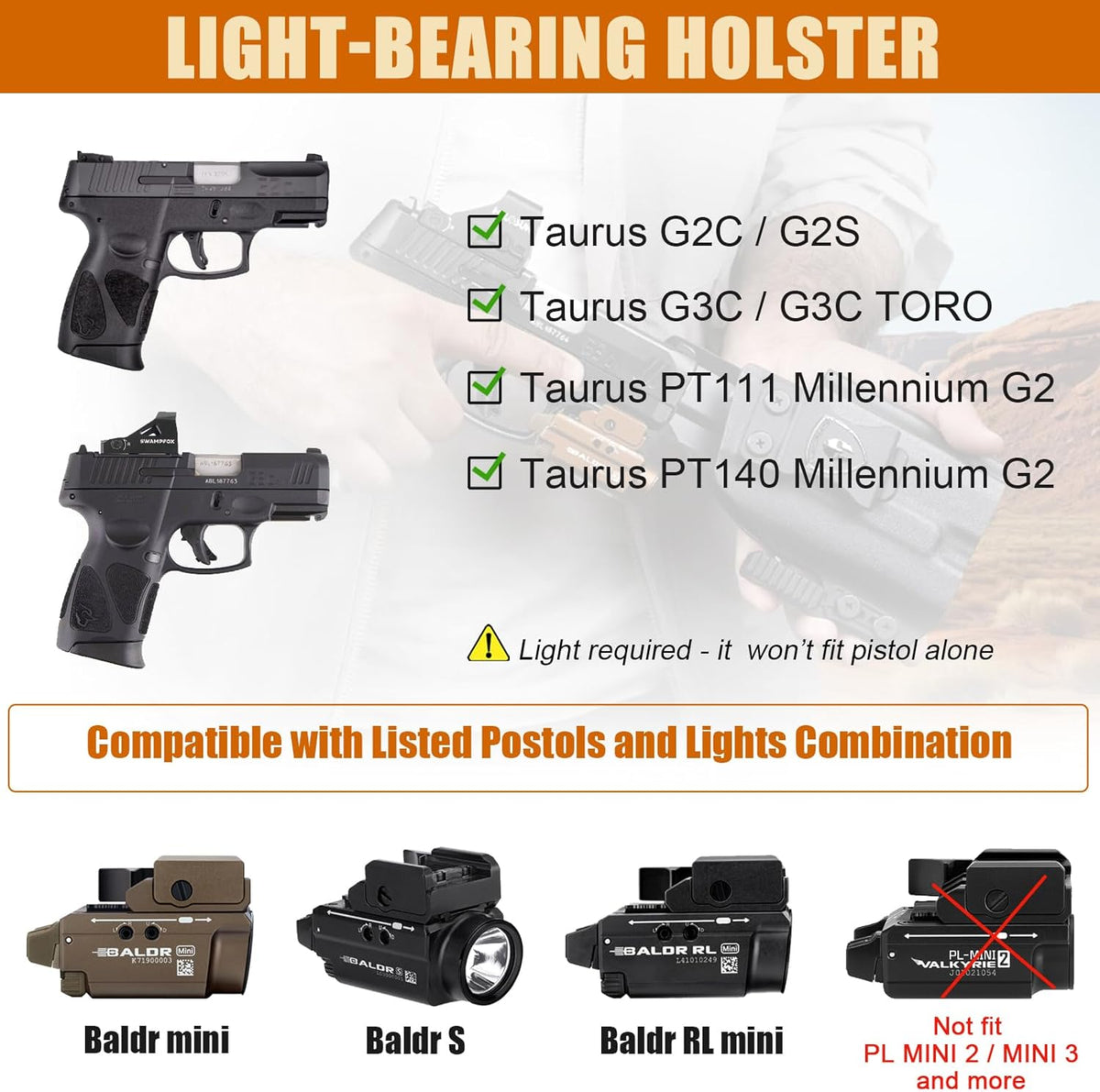 Taurus G2C / G3C / G2s / G3C Toro / PT111 / PT140 IWB Kydex Holster w/Claw - Olight Baldr S / Mini / RL Mini Light Bearing, Optic Cut, Adj. Retention & Cant, Right Hand - WARRIORLAND