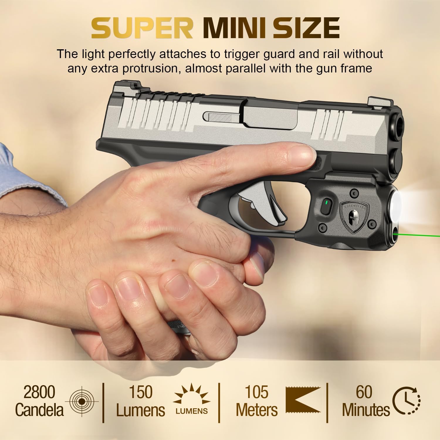WARRIORLAND Pistol Light Laser & Holster Fit for Springfield Hellcat 3โณ MICRO-COMPACT, Compact 150-Lumen Trigger Mounted Tactical Weapon Light with Green Laser White LED & IWB Holster, Power Indicator