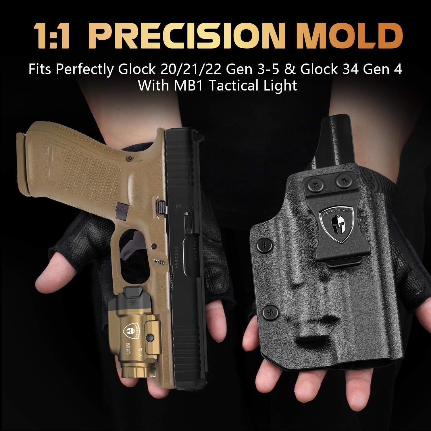 WARRIORLAND FDE MB1 Pistol Light & Holster Combo, Fit for Glock 20/21/22 Gen 3-5 & Glock 34 Gen 4, Compact 500-Lumen Rail Mounted Tactical Weapon Light with Red Laser & White LED, Power Indicator WARRIORLAND