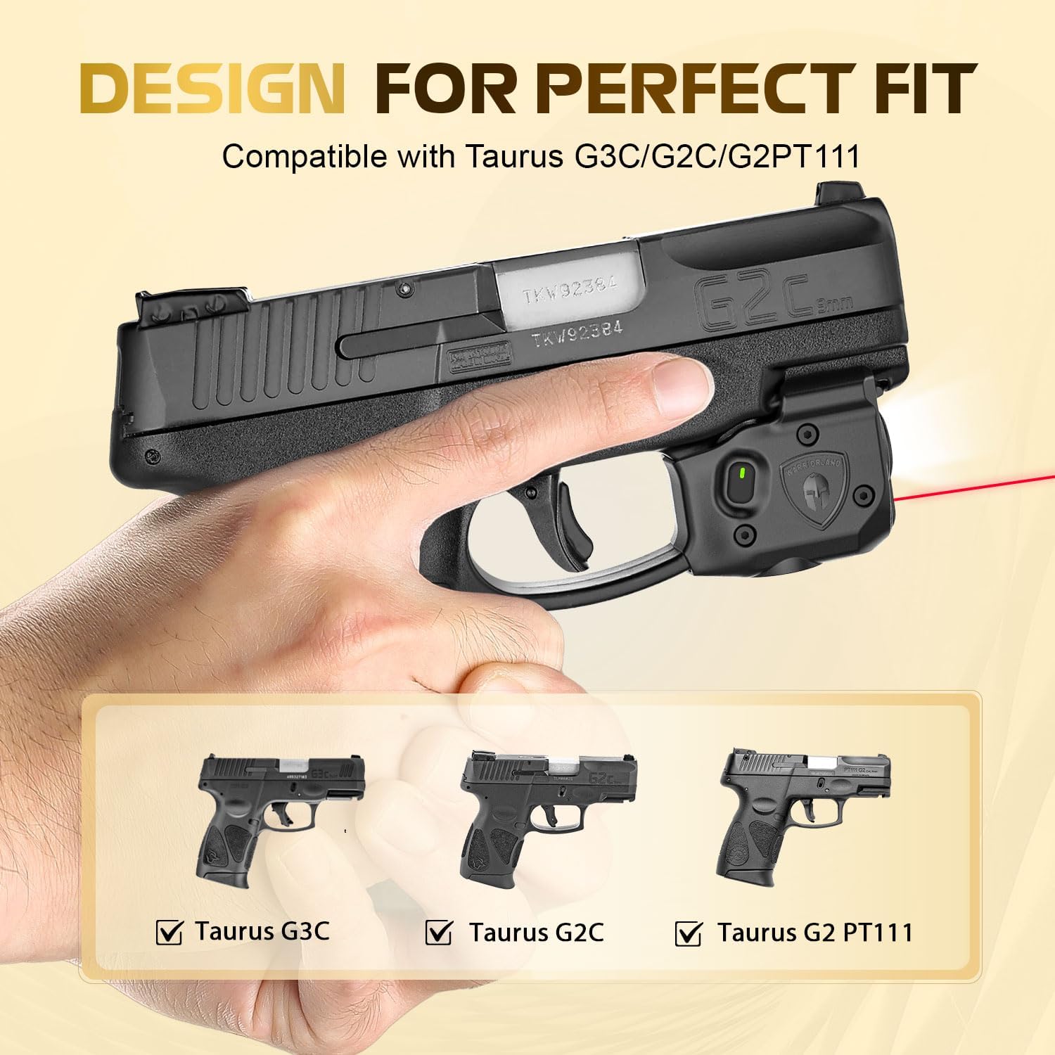 WARRIORLAND Pistol Light Laser Combo Fits Taurus G2C /G3C /Millennium PT111 G2 / PT140 G2/Taurus G3, Compact 150-Lumen Trigger & Rail Mounted Tactical Weapon Light with Red Laser & White LED Flashlight, SLL-101 WARRIORLAND