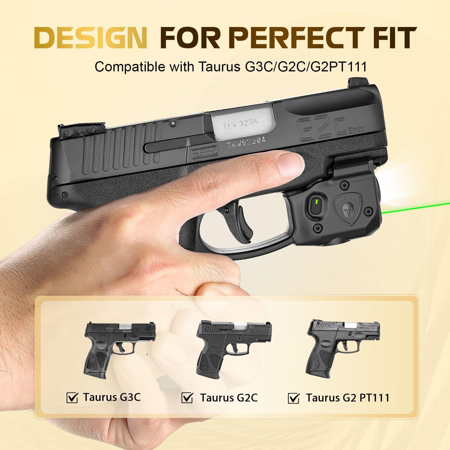 WARRIORLAND Pistol Light Laser Combo Fits Taurus G2C /G3C /Millennium PT111 G2 / PT140 G2/Taurus G3, Compact 150-Lumen Trigger & Rail Mounted Tactical Weapon Light, Green Laser & White LED Flashlight, SLL-101G โWARRIORLAND