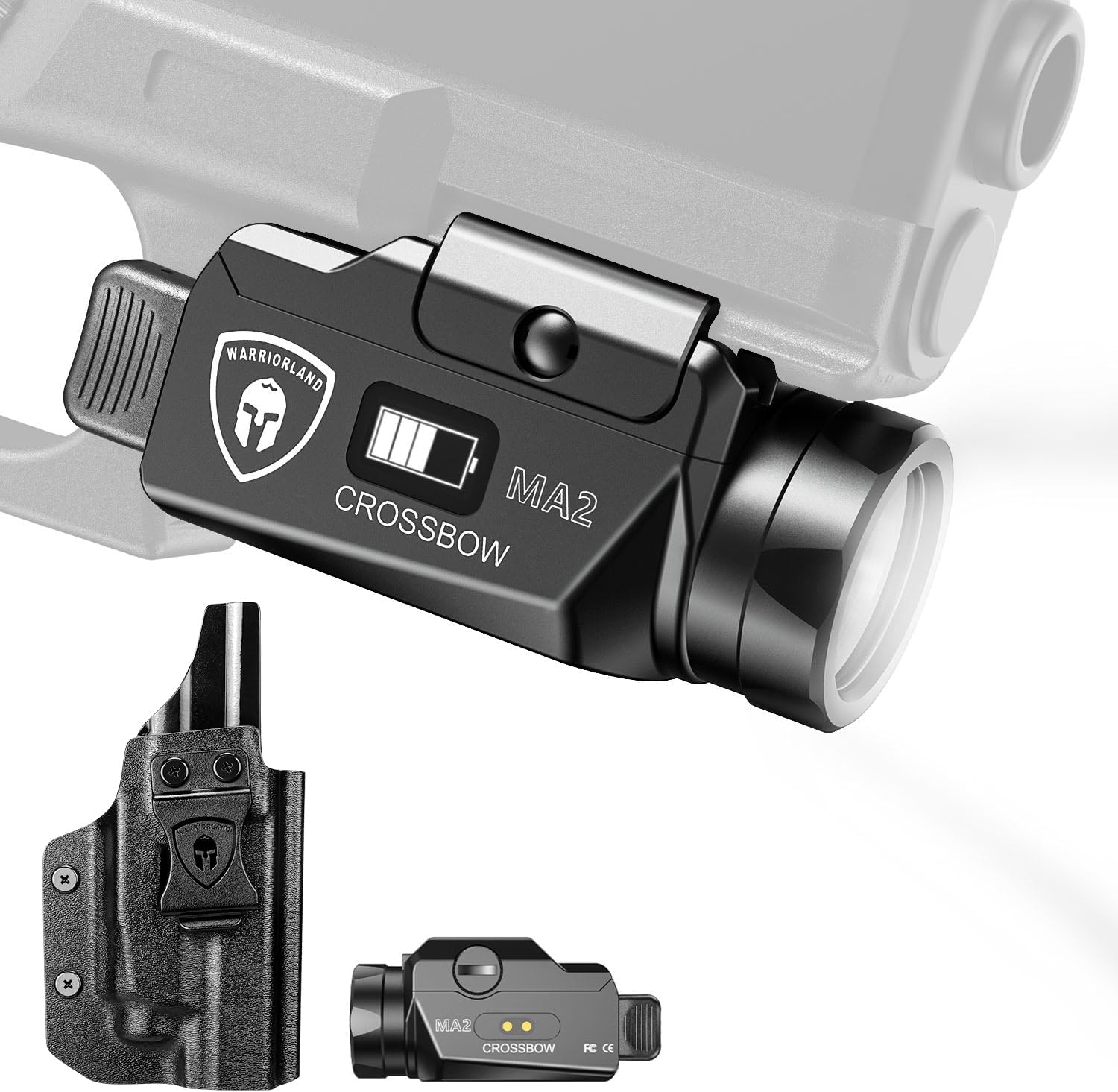 WARRIORLAND MA2 Pistol Light with Holster Fit for Glock 20/21/22/23 Gen 3-5 & Glock 34 Gen 4, 800-lumen LED Weapon Pistol Flashlight & Right-Hand IWB Holster, Rechargeable | Screen Power Indicator โWARRIORLAND