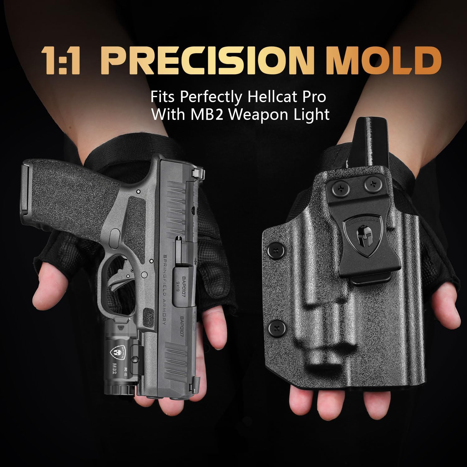 WARRIORLAND MB2 Pistol Light and Custom Kydex Holster, Fit for Springfield Hellcat Pro, Compact 500 Lumens Universal Rail Mounted Tactical Weapon Light with White LED Flashlight, Power Indicator WARRIORLAND