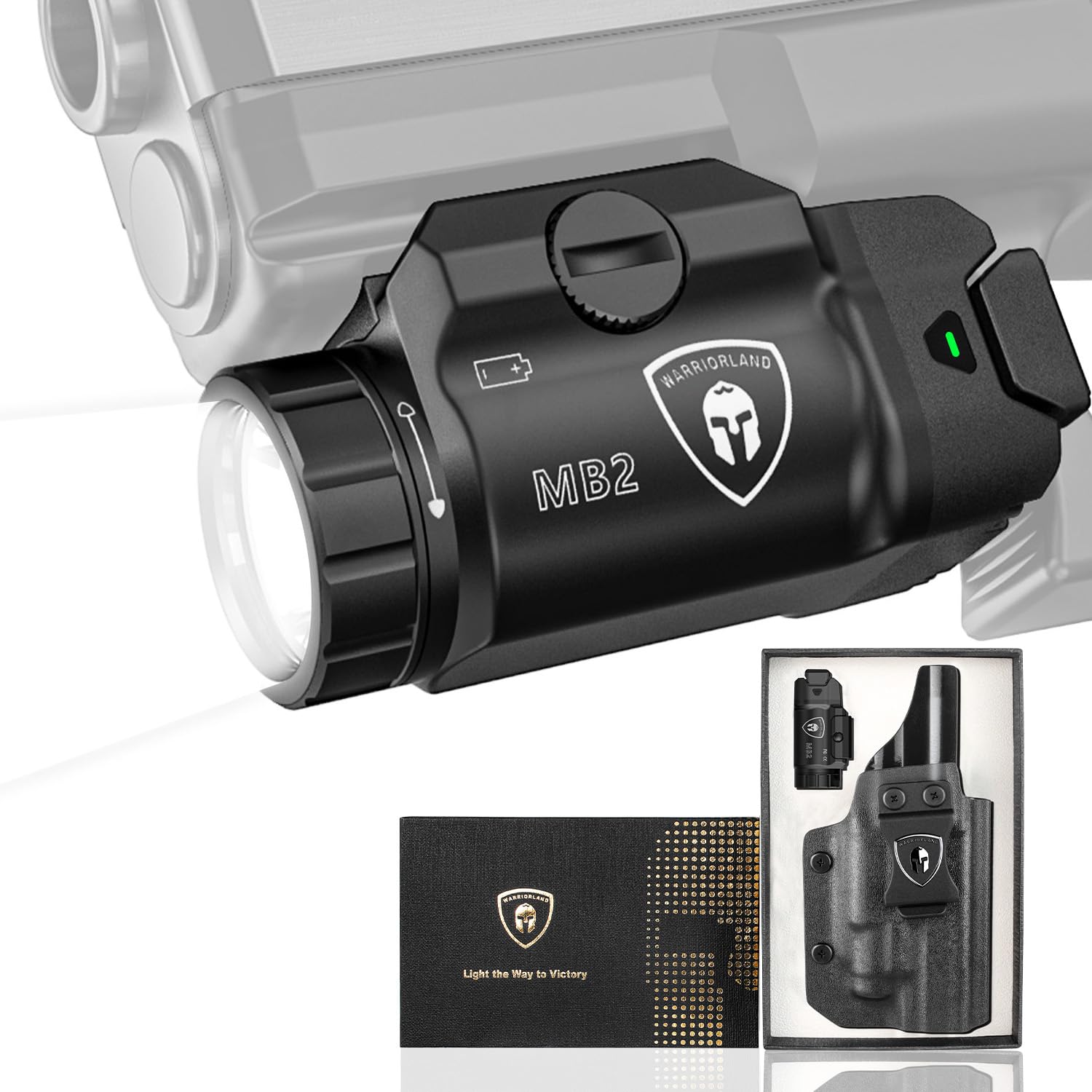 WARRIORLAND MB2 Pistol Light and Custom Kydex Holster, Fit for Springfield Hellcat Pro, Compact 500 Lumens Universal Rail Mounted Tactical Weapon Light with White LED Flashlight, Power Indicator WARRIORLAND