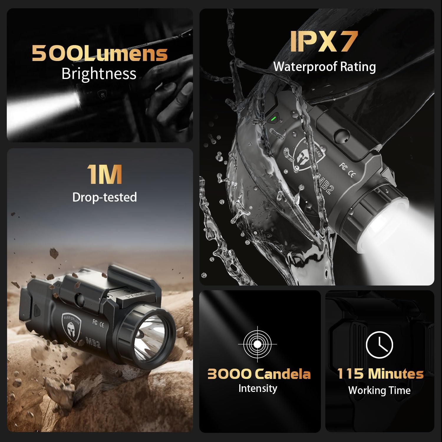 WARRIORLAND MB2 Pistol Light and Custom Kydex Holster, Fit for Springfield Hellcat Pro, Compact 500 Lumens Universal Rail Mounted Tactical Weapon Light with White LED Flashlight, Power Indicator WARRIORLAND