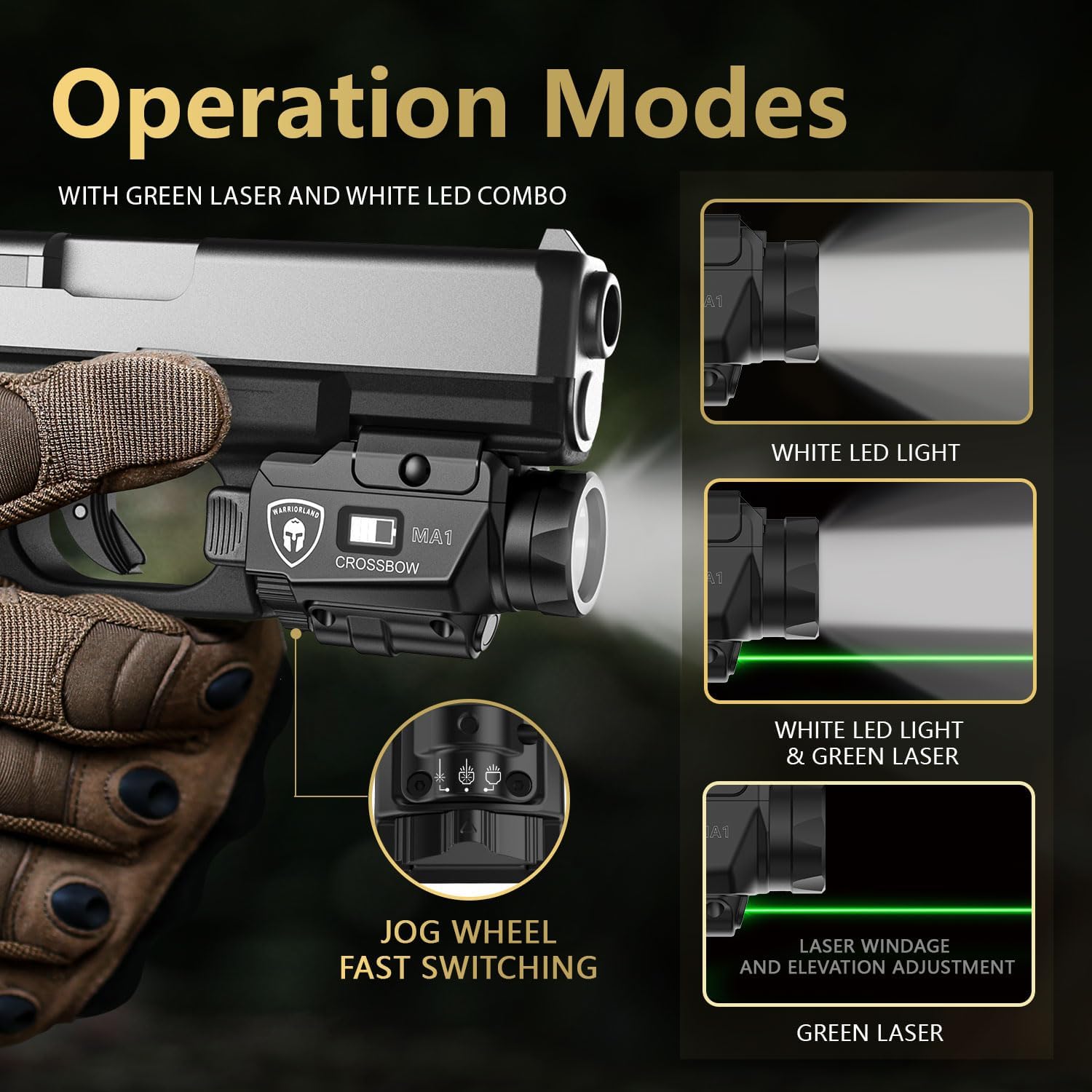 WARRIORLAND MA1 Laser Light Combo Holster Fit for S&W SD9 VE / SD40 VE, 800-lumen LED Gun Flashlight and Green Laser Weapon Pistol Light & Right-Hand IWB Holster, Rechargeable | Screen Power Indicator โWARRIORLAND