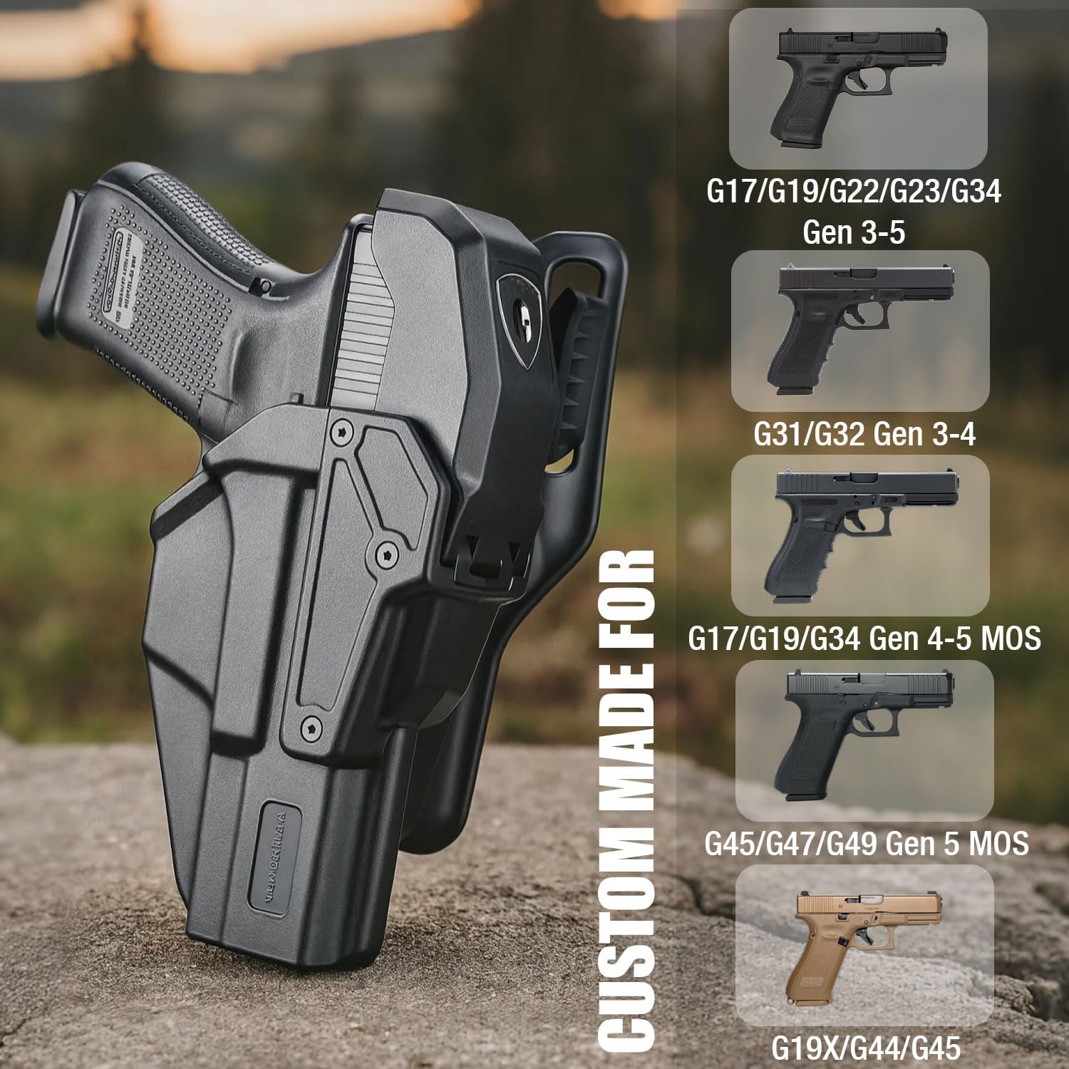WARRIORLAND Level 2 Duty Holster for Glock 17/19 /22/23/34 Gen 3-5 & G31/32 Gen3-4 & 19X/44/45/47/49 & MOS Version, Optic Cut with RDS Cover, Thumb Release, Fits 2.0" Belt, Open-Muzzle Gun Holster WARRIORLAND