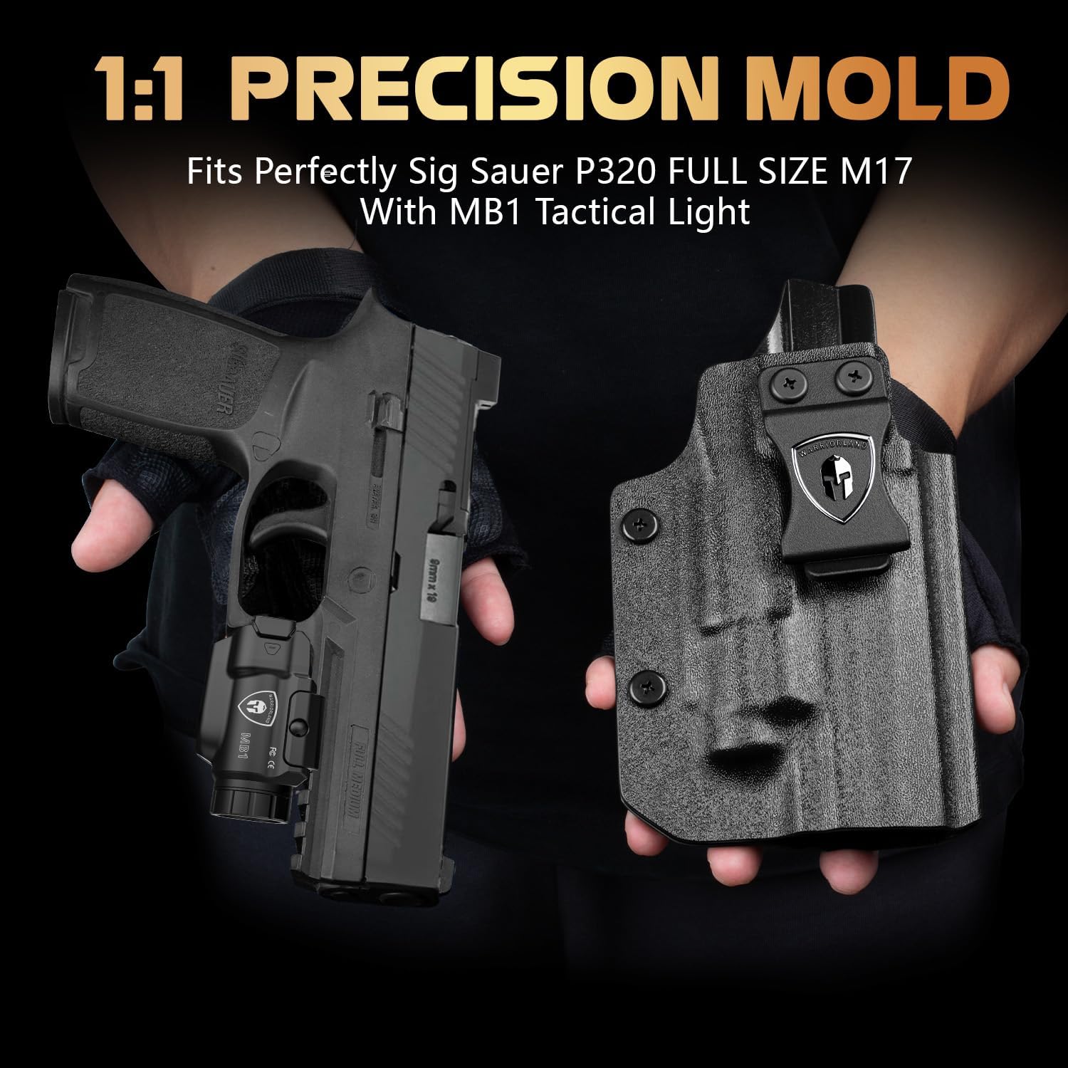 WARRIORLAND MB1 500 Lumens Portable Universal Rail Mounted Weapon Light-Red Laser & White LED Combo with Sig Sauer P320 Fullsize M17 Kydex Holster-Three Operation Modes & Power Indicator MB1w/P320 M17 WARRIORLAND