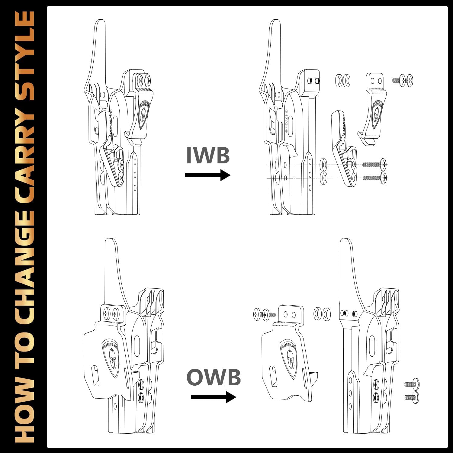 WARRIORLAND IWB & OWB Convertible Holster Optic Cut: Compatible with Glock 17/19/26/34 Gen3-5 G17/G19 Gen4 MOS G17/G19/G26/G34 Gen5 MOS 19X G23 Gen3-4 G32 Gen3-4 G44 G45 G45 MOS Holster, with Claw,Adj Ride Height, Right Hand WARRIORLAND
