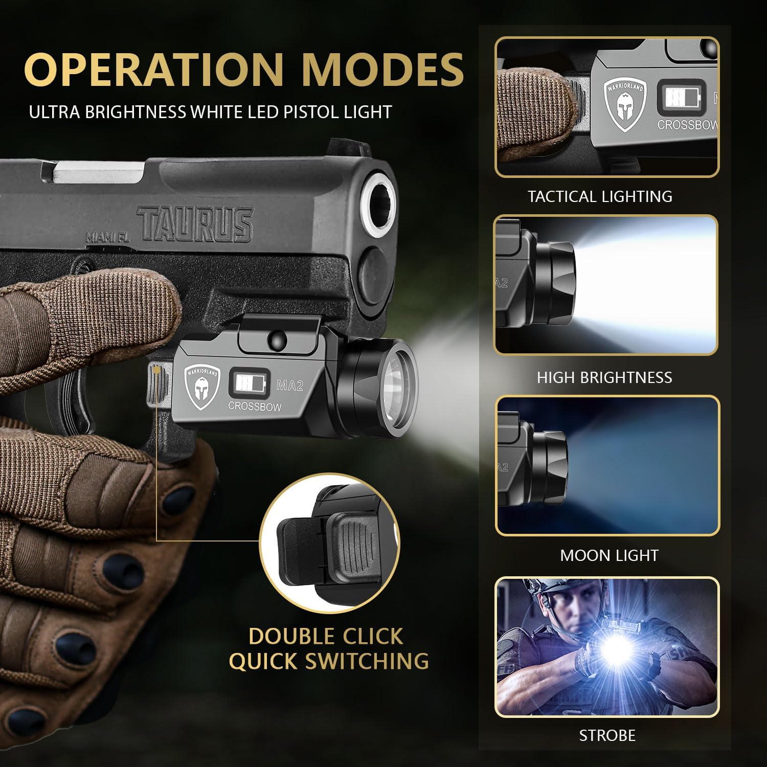 WARRIORLAND Crossbow MA2 Universal Rail Mounted 800 Lumens Tactical Light with Taurus G2C/G3C IWB Kydex Holster Combo, Magnetic USB Charging Pistol Light with Screen Displays Battery Status WARRIORLAND