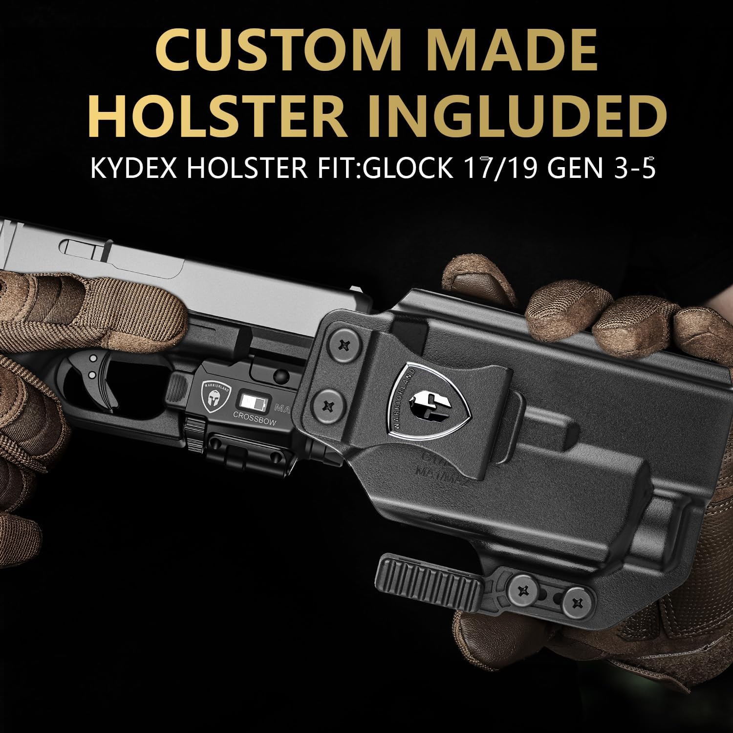 WARRIORLAND MA1 800 Lumens Rail Mounted Universal Pistol Light, Combo Custom Holster for Glock 17/19 Gen 3-5 & Glock 22/23 /31/32 Gen 3-4 & Glock 19X /44/45, Rechargeable | Screen Power Status WARRIORLAND